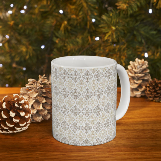 Timeless Elegance: White Ceramic Mug with Brown and Cream Repeated Pattern