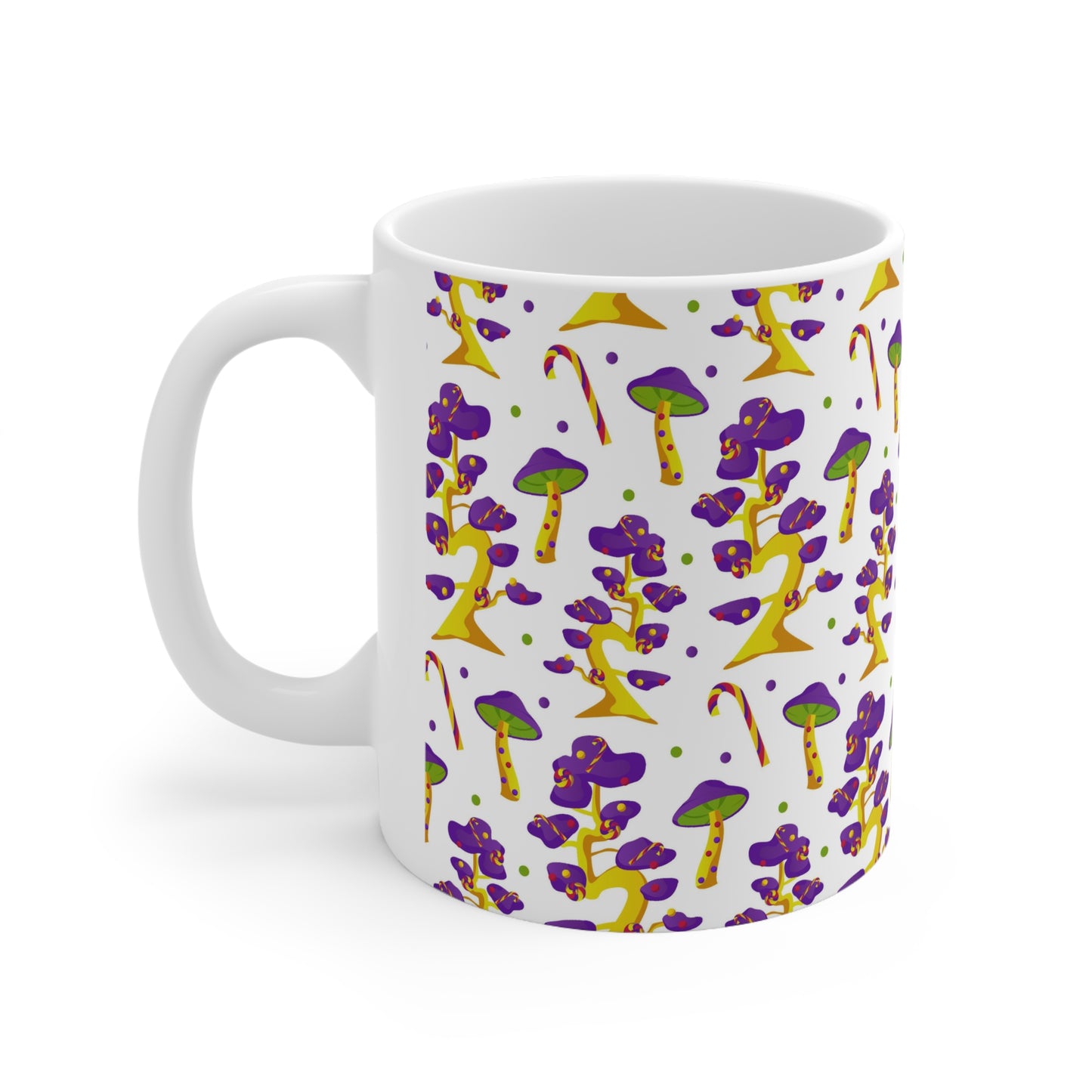 Enchanting Magic Mushrooms: White Ceramic Mug with Purple and Green Mushrooms"