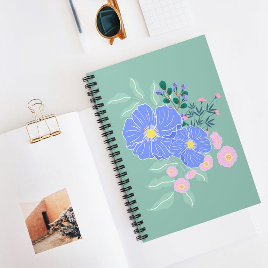 Pastel Spring Flowers Spiral Notebook - Ruled Line | Green Cover Design