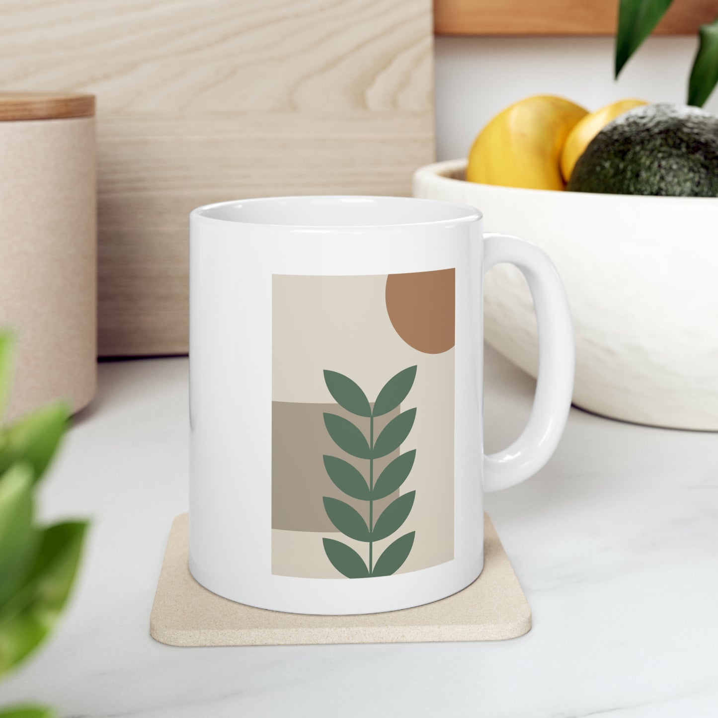 Earth Toned Plant and Sun Ceramic Mug 11 oz - Modern Art Deco Design