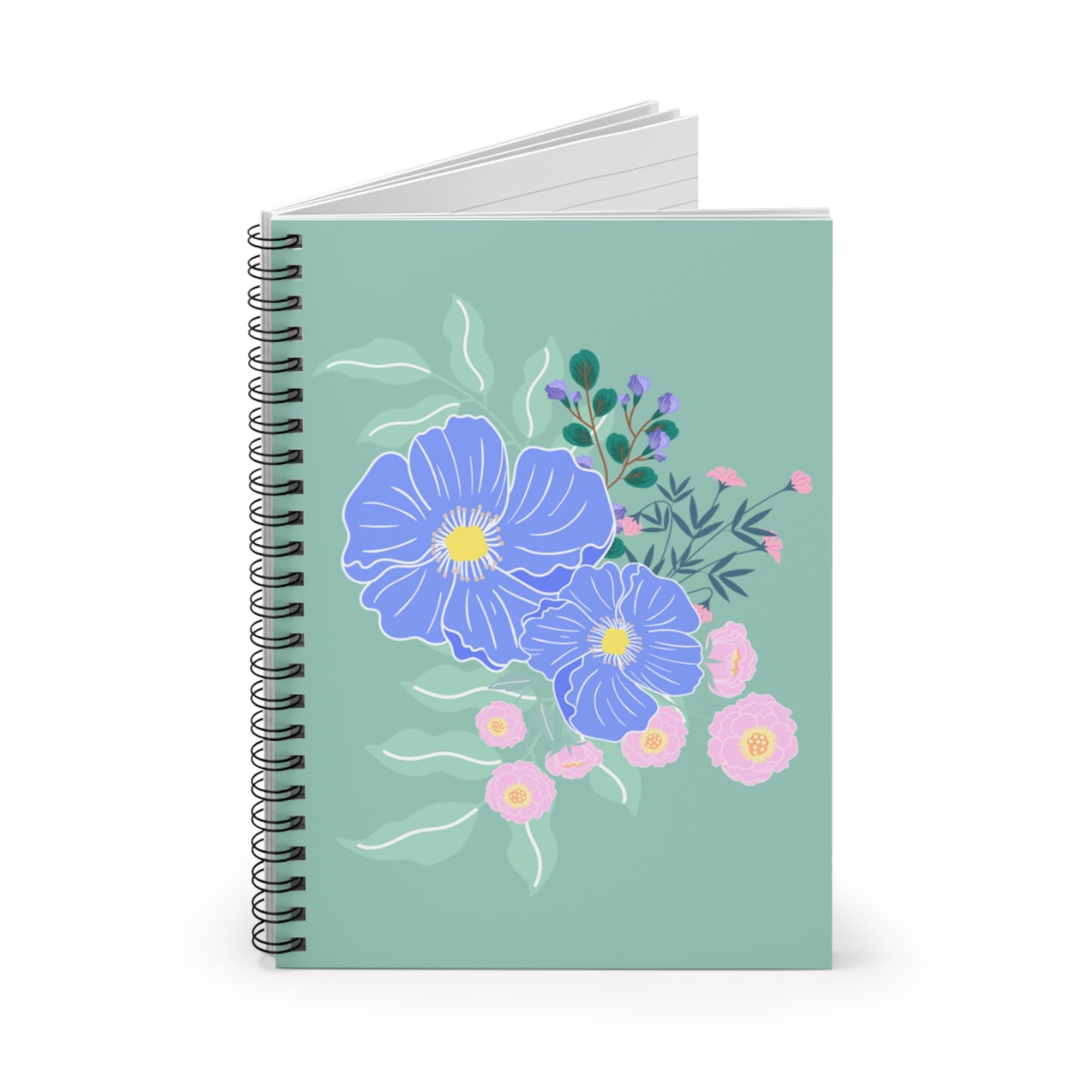 Pastel Spring Flowers Spiral Notebook - Ruled Line | Green Cover Design