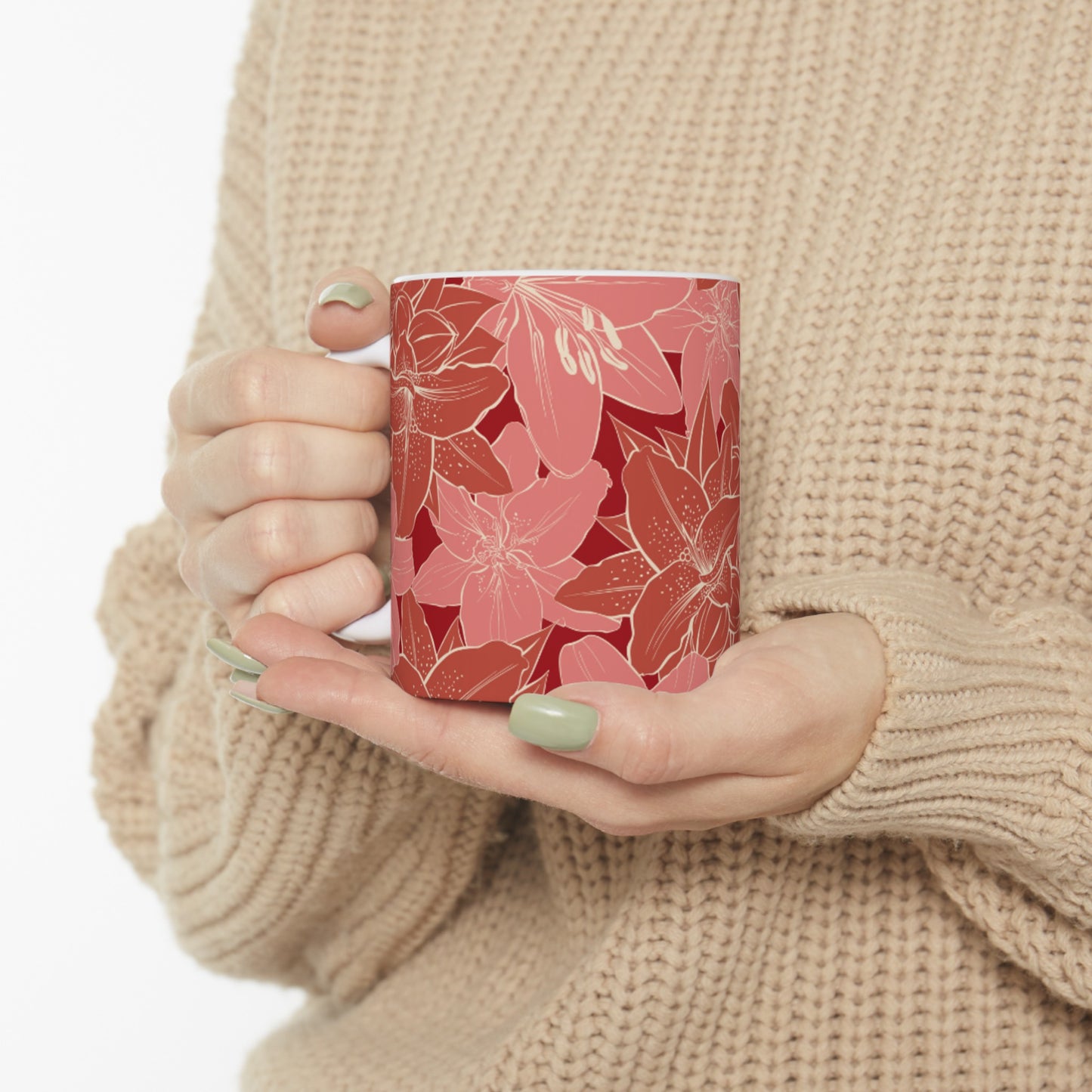 Pink and Red Floral Gold Outlined Ceramic Mug 11oz - BPA-Free