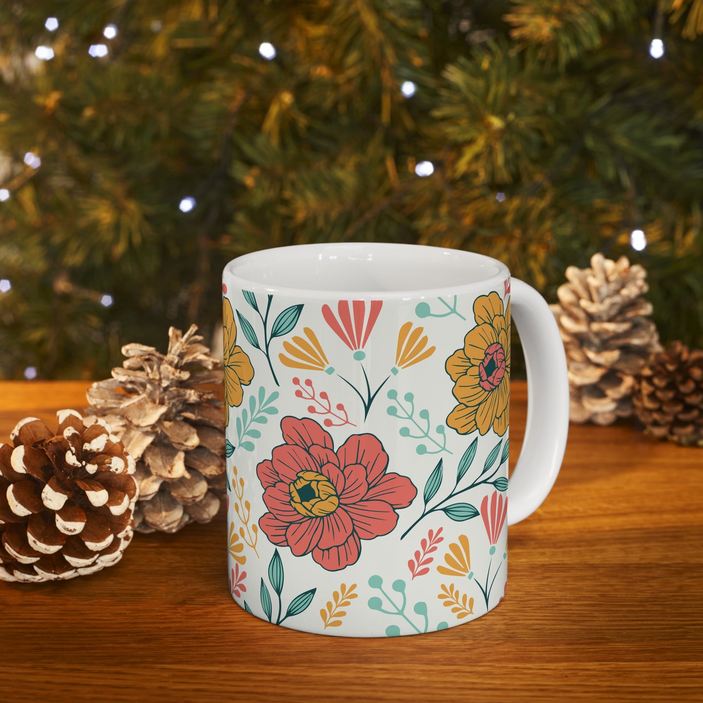 Blooms and Breezes Serenity: White Ceramic Mug with Orange, Coral Flowers, and Teal Leaves