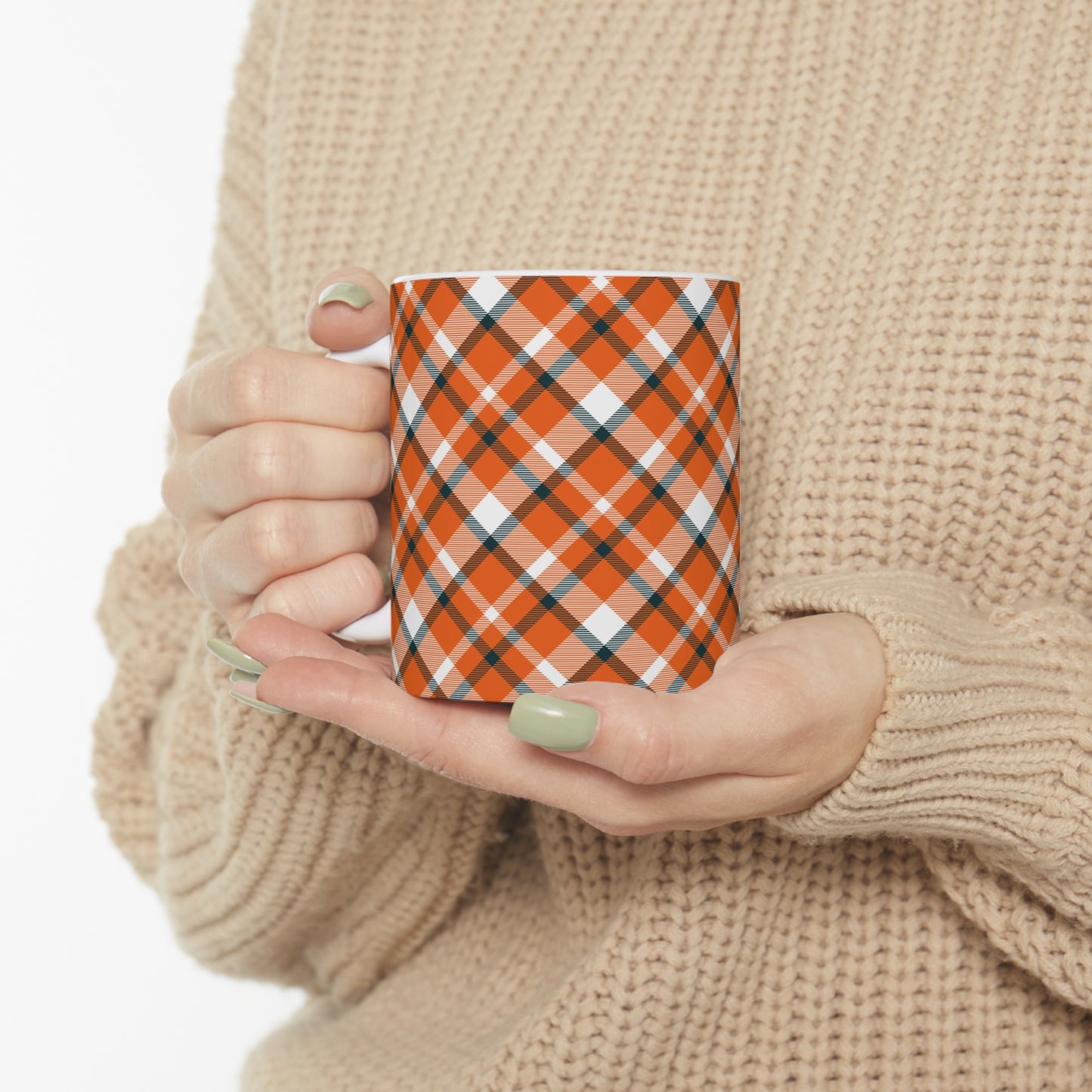 Autumn Elegance: Orange and Brown Plaid Ceramic Mu