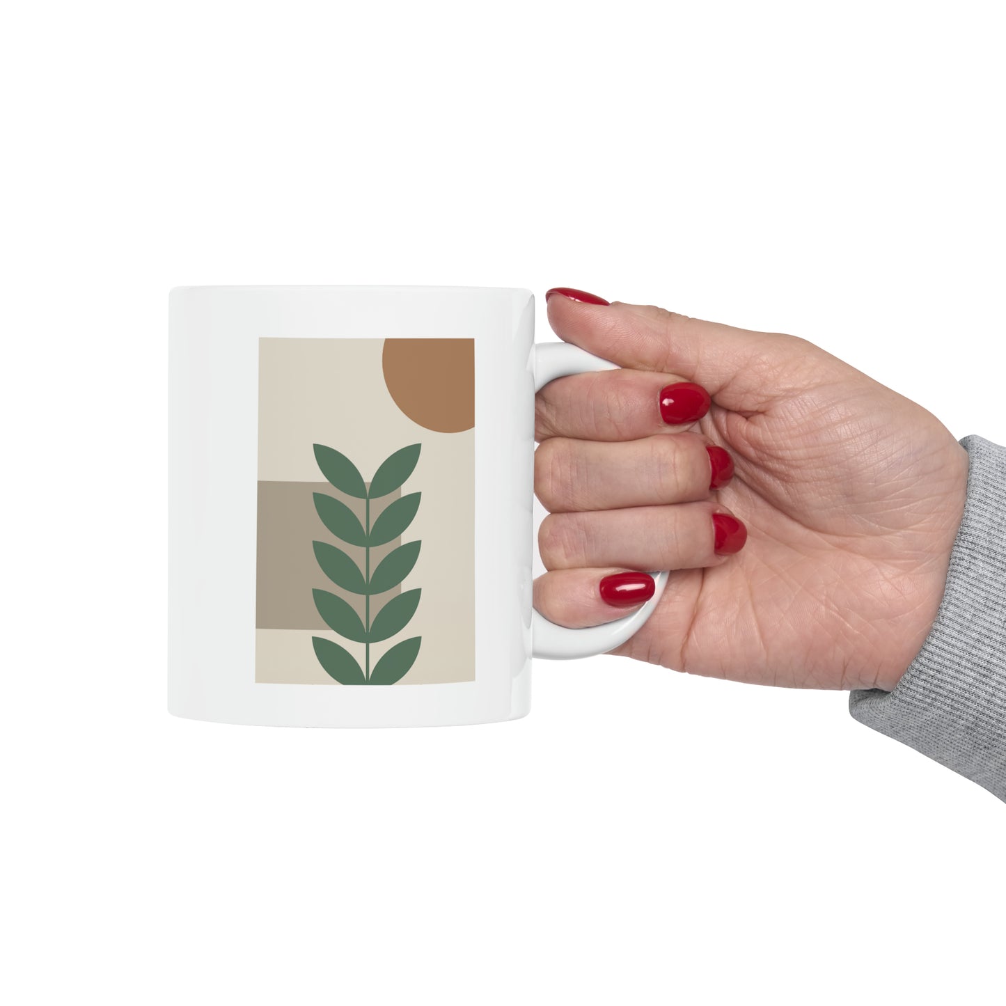 Earth Toned Plant and Sun Ceramic Mug 11 oz - Modern Art Deco Design