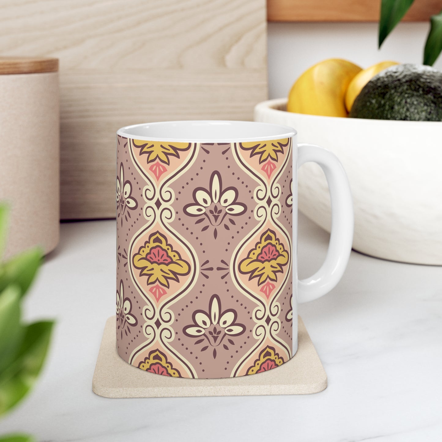 Pastel Harmony Bliss: Light Purple/Pink Ceramic Mug with Yellow and White, Pink Designs