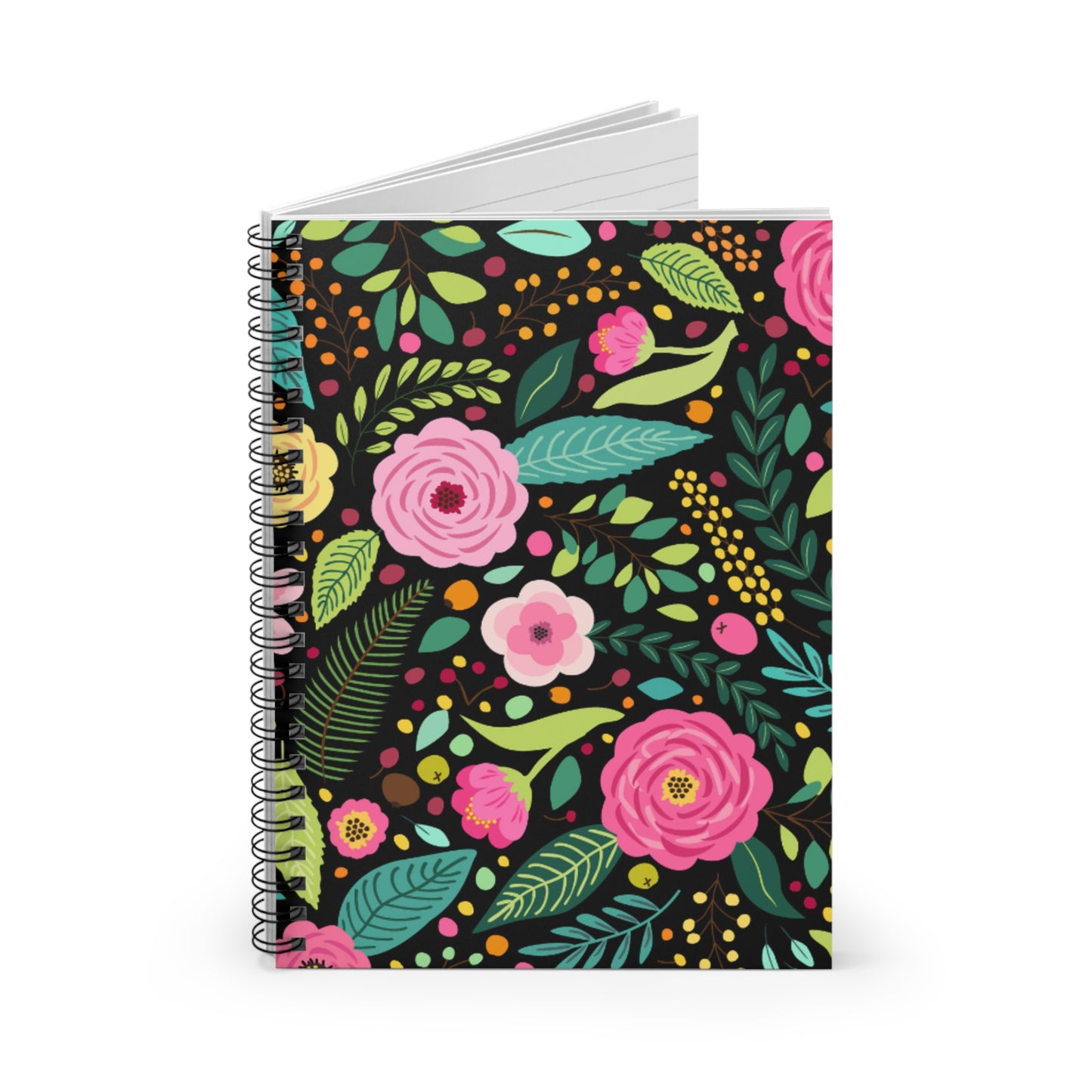 Colorful Floral Black Spiral Notebook Ruled Line 6" x 8" - 118 Pages