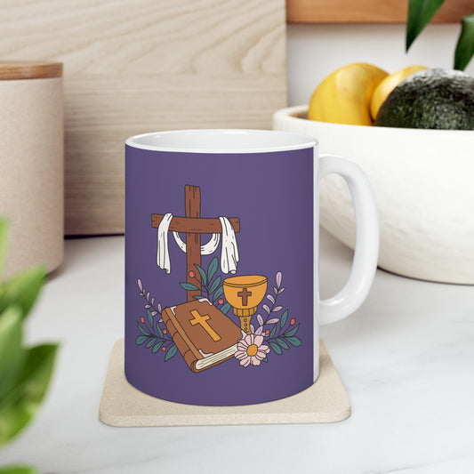 Easter Christian Symbols Ceramic Mug 11 oz - Purple Background