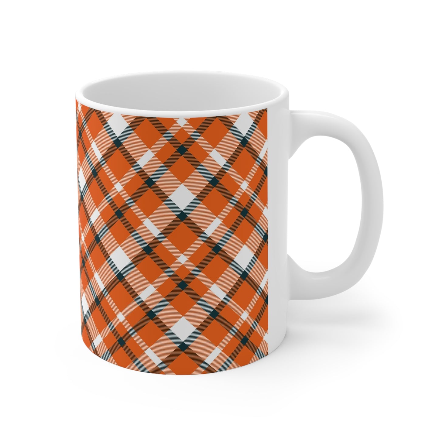 Autumn Elegance: Orange and Brown Plaid Ceramic Mu