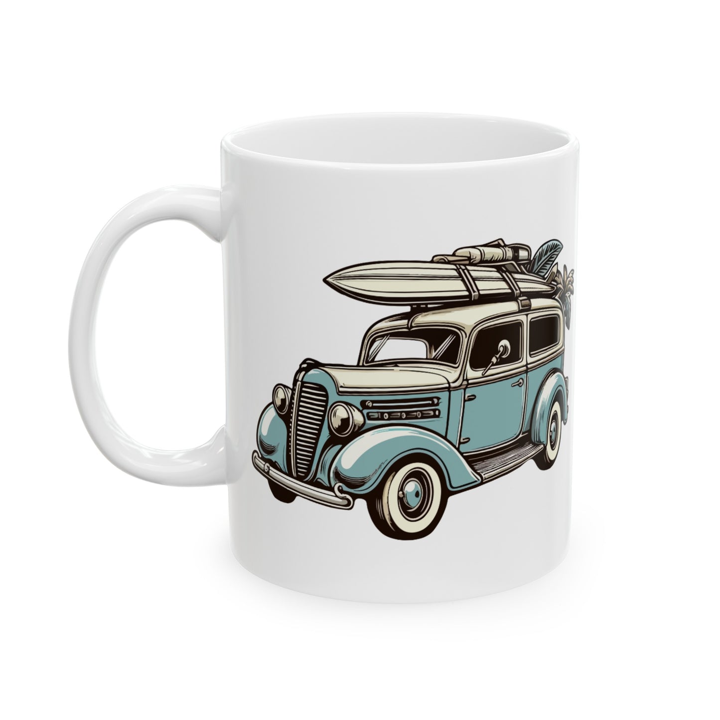 Vintage Car Surfboard Design Ceramic Mug | 11oz & 15oz | BPA & Lead-Free