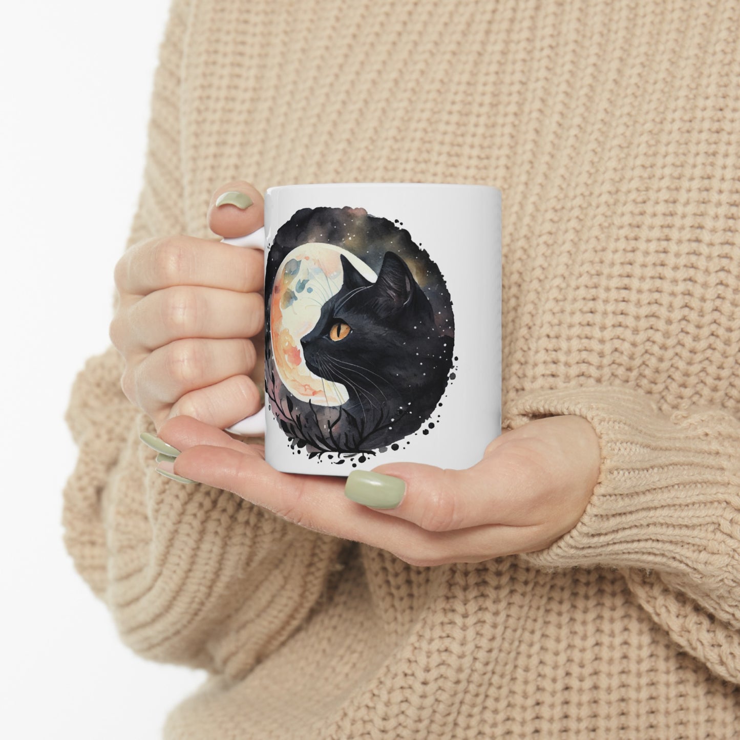 🐈‍⬛ "Celestial Black Cat Moonlight" Ceramic Mug 11 oz - Coffee Cup Gift