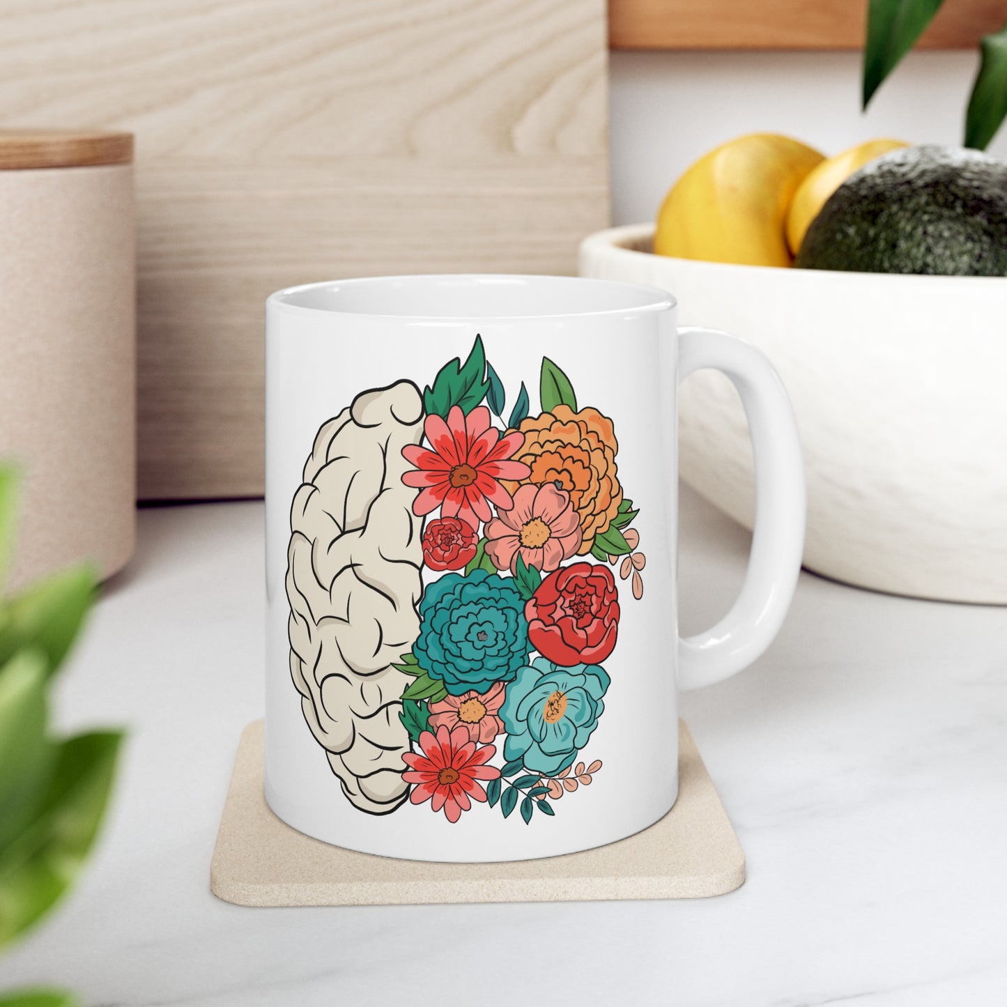 🌸 "Floral Brain" Ceramic Mug 11 oz - Colorful Flower Brain Coffee Mug Gift