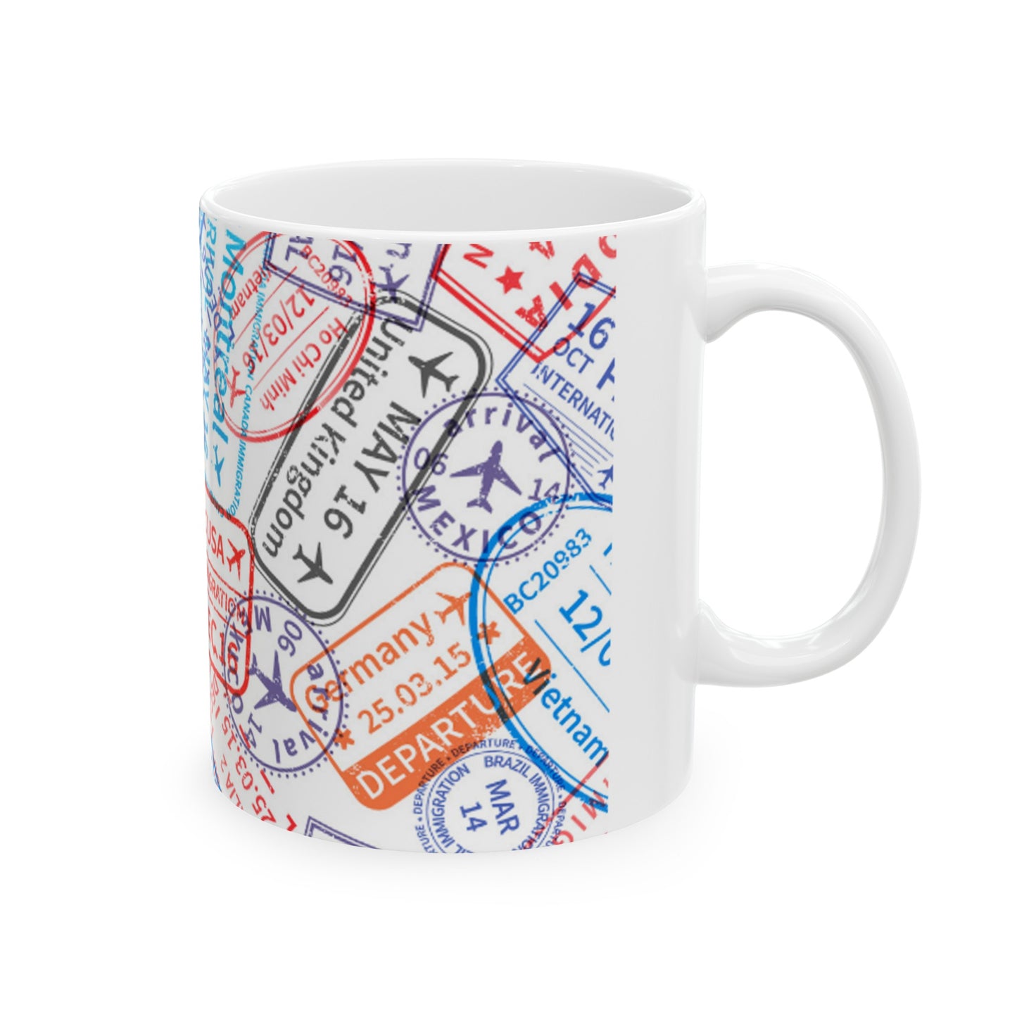 Vibrant Passport Stamp Ceramic Mug, 11oz