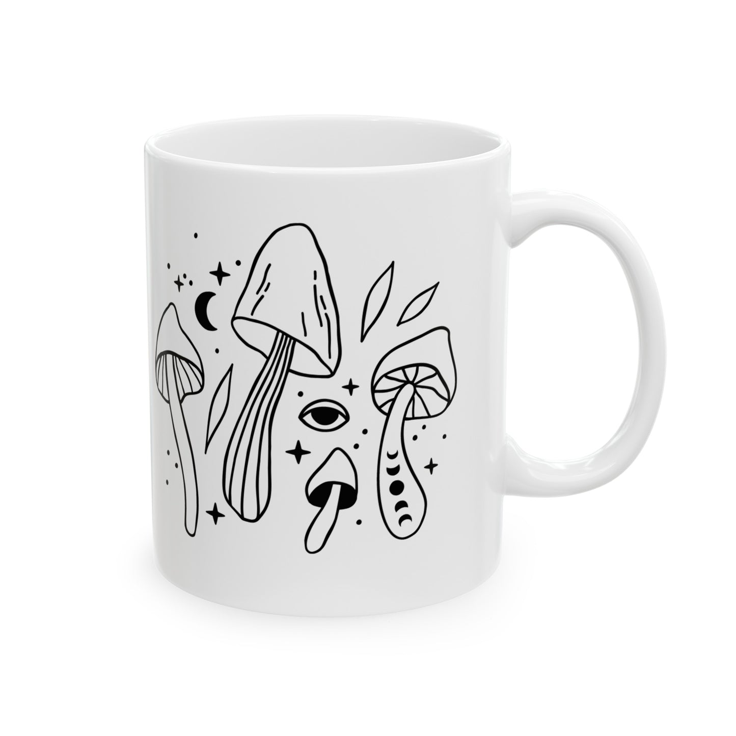 Celestial Monochromatic Mushrooms Ceramic Mug 11oz - Black and White Design