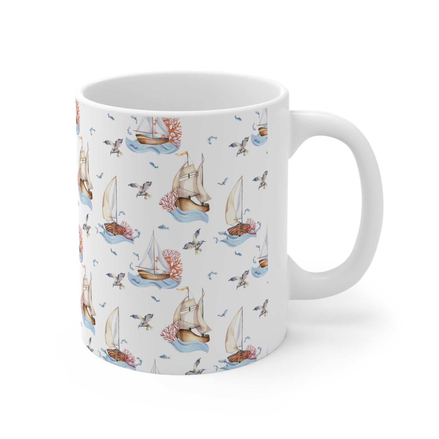 Coastal Serenity: White Ceramic Mug with Sailboats and Seagulls