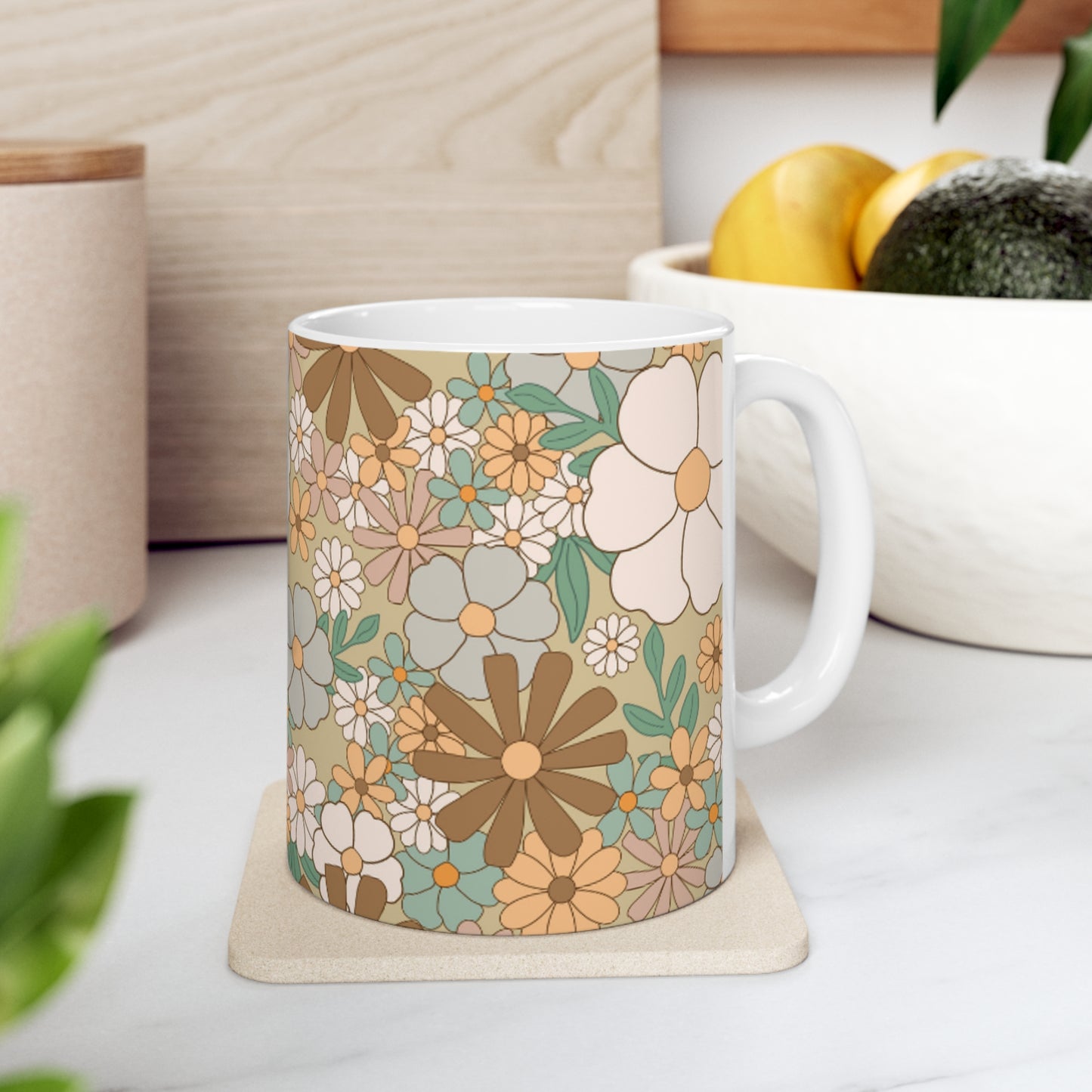 Retro Floral Ceramic Mug 11oz - Beige, Blue, Orange, White, Pink Flowers