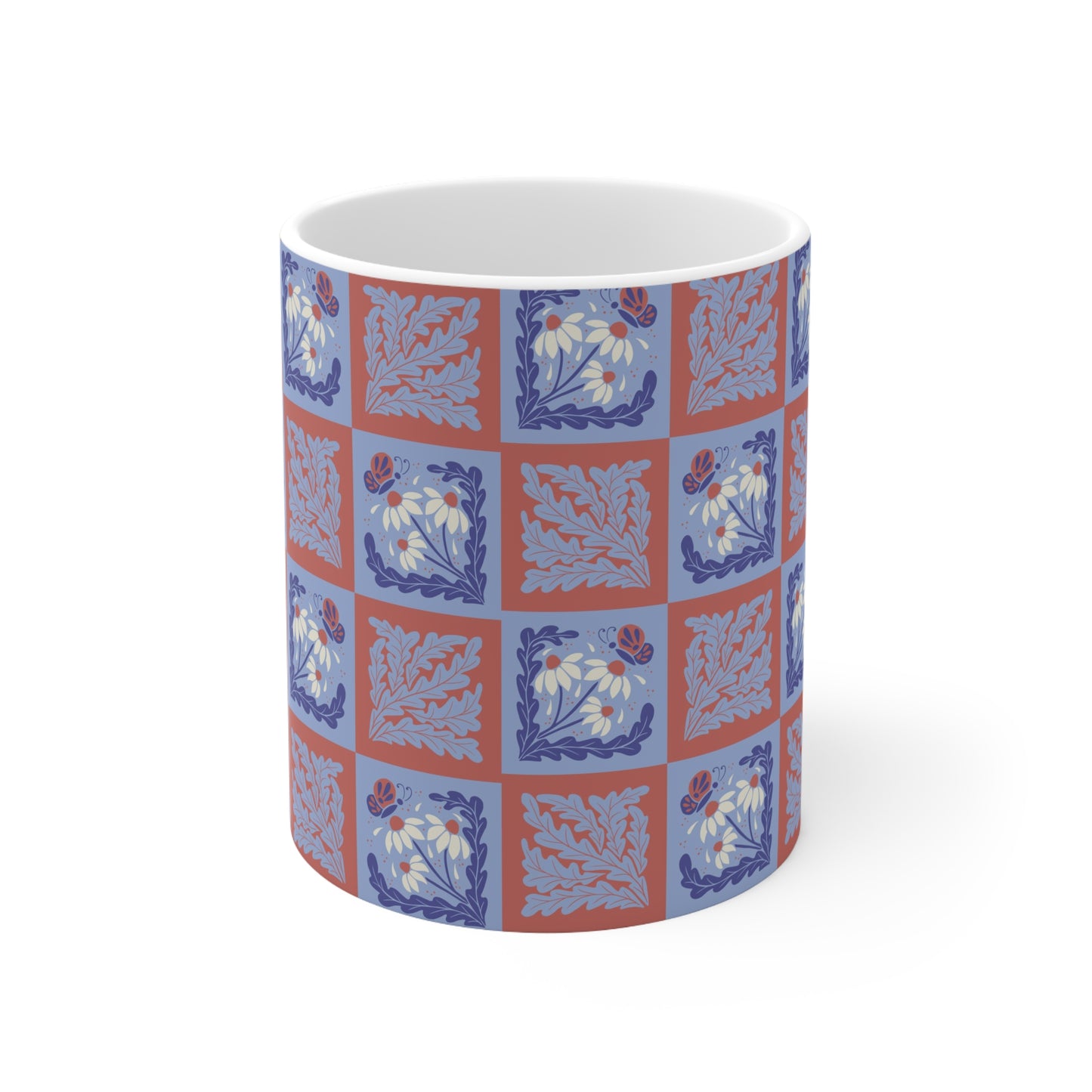 Stamped Elegance: Light Blue and Red Mug with White Flowers