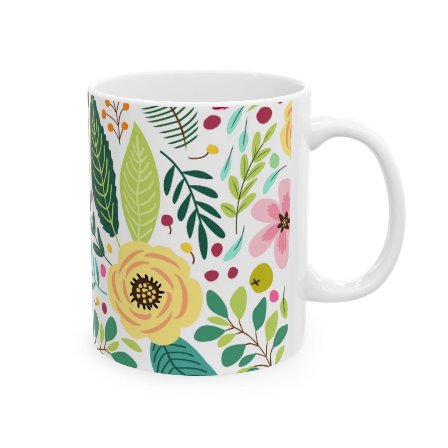 Bright Pink and Yellow Floral Ceramic Mug 11oz - Spring Design | BPA-Free