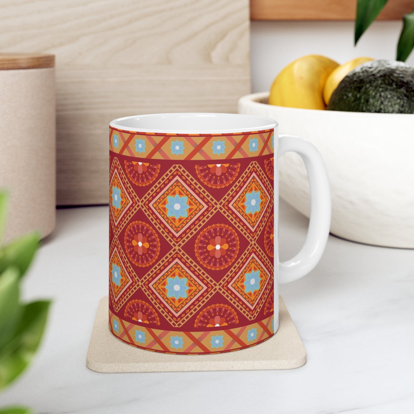 Radiant Fusion Burst: Red Ceramic Mug with Light Blue, Orange, and Red Design Pattern