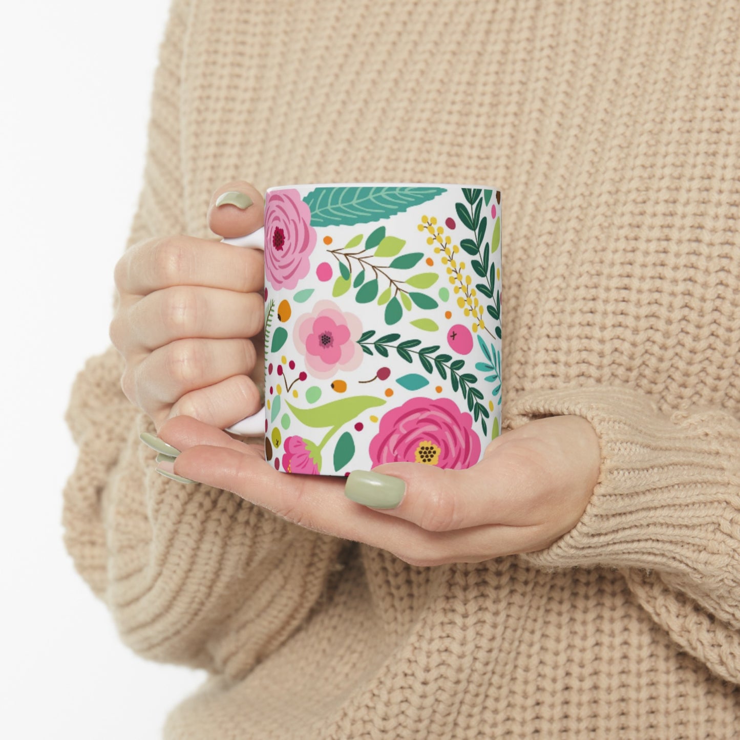 Bright Pink and Yellow Floral Ceramic Mug 11oz - Spring Design | BPA-Free