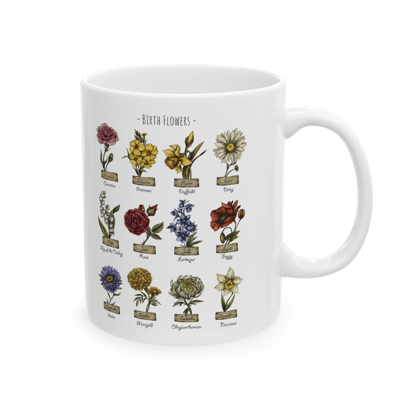 White Ceramic Mug 11oz with Birth Flowers - Perfect Gift for Coffee & Tea Lovers