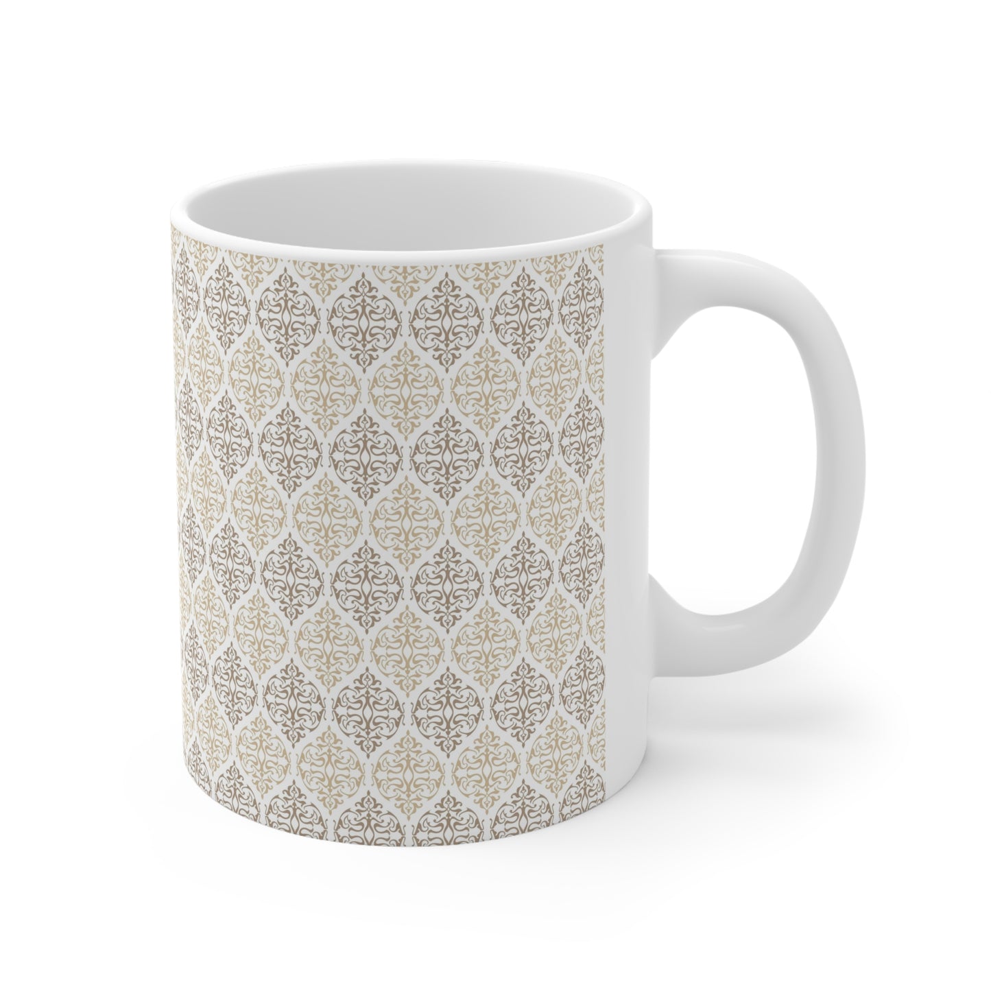 Timeless Elegance: White Ceramic Mug with Brown and Cream Repeated Pattern