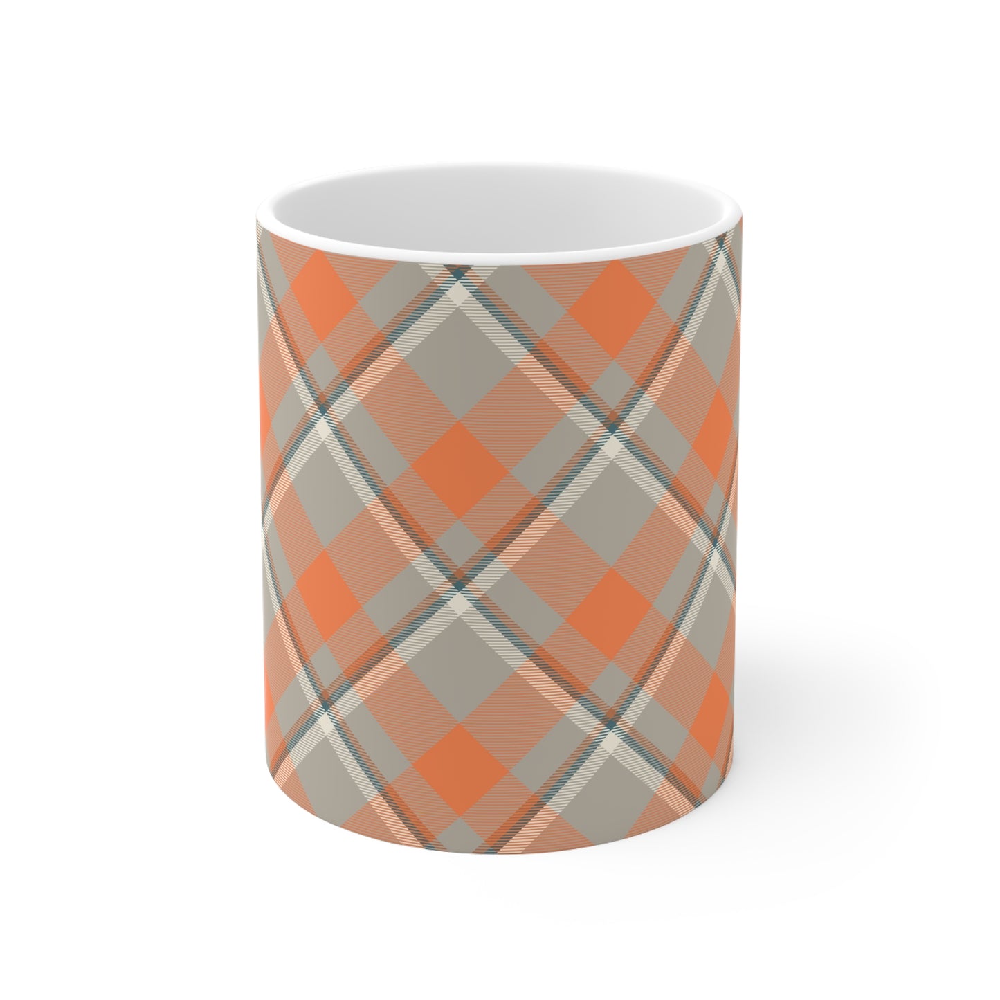 Cozy Plaid: Grey and Orange Ceramic Mug