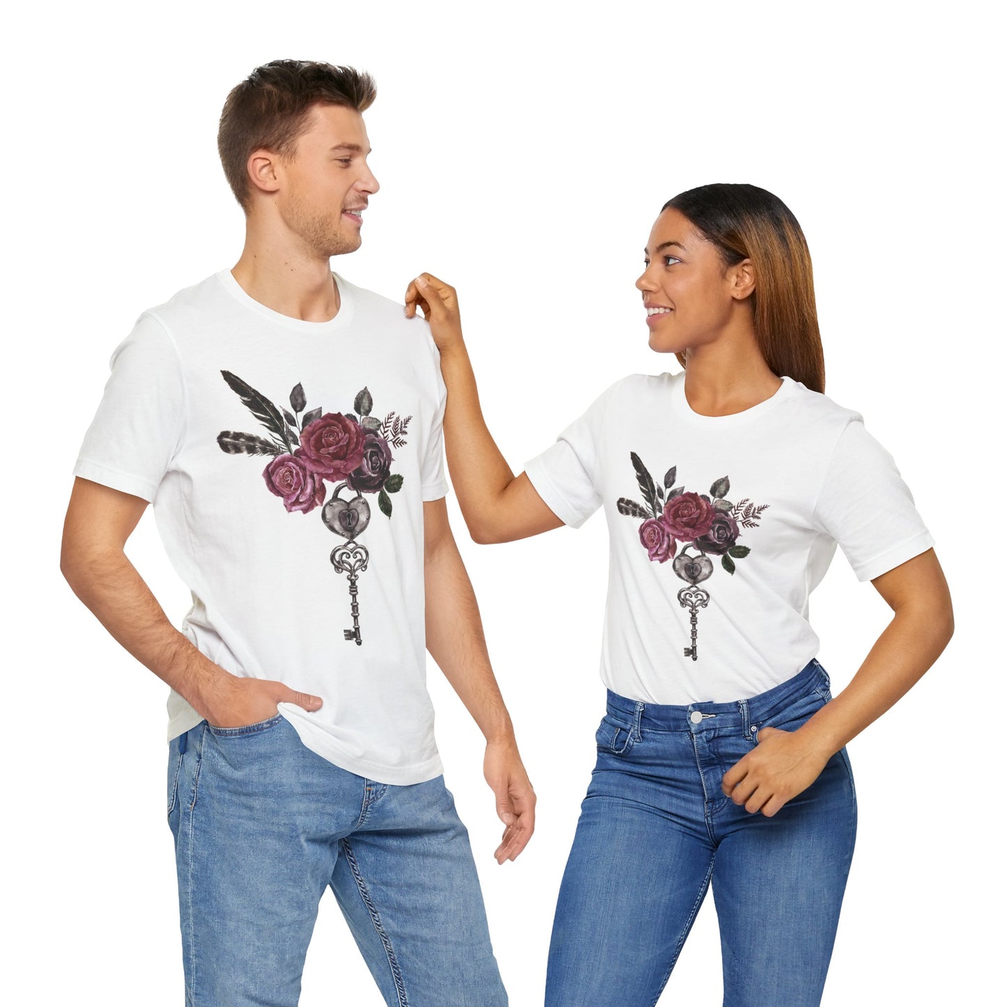 🗝️🌹Romantic Rose and Key Unisex Jersey Short Sleeve Tee