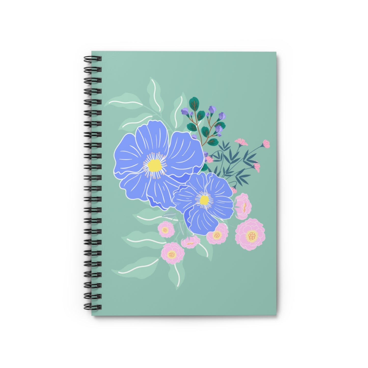 Pastel Spring Flowers Spiral Notebook - Ruled Line | Green Cover Design