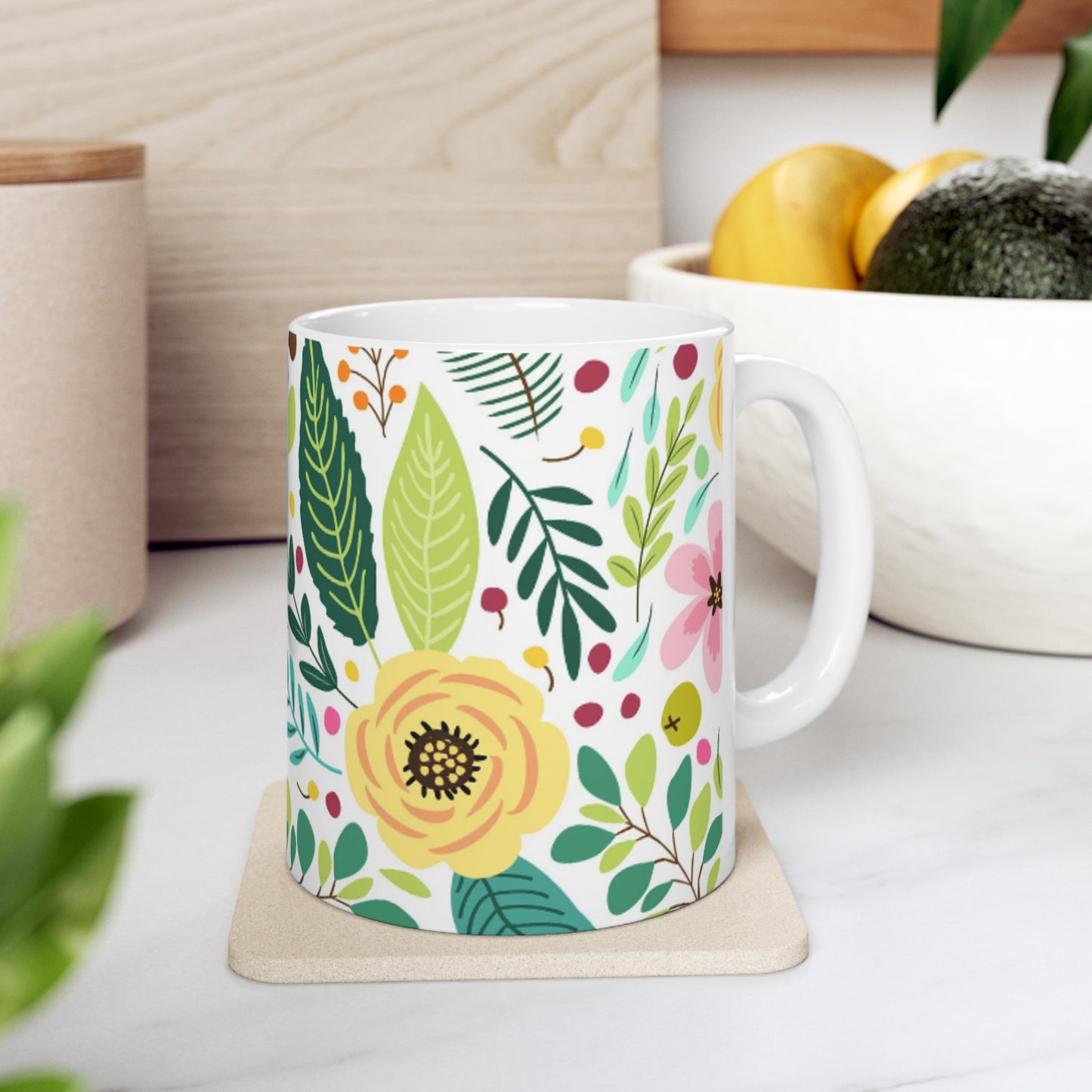 Bright Pink and Yellow Floral Ceramic Mug 11oz - Spring Design | BPA-Free