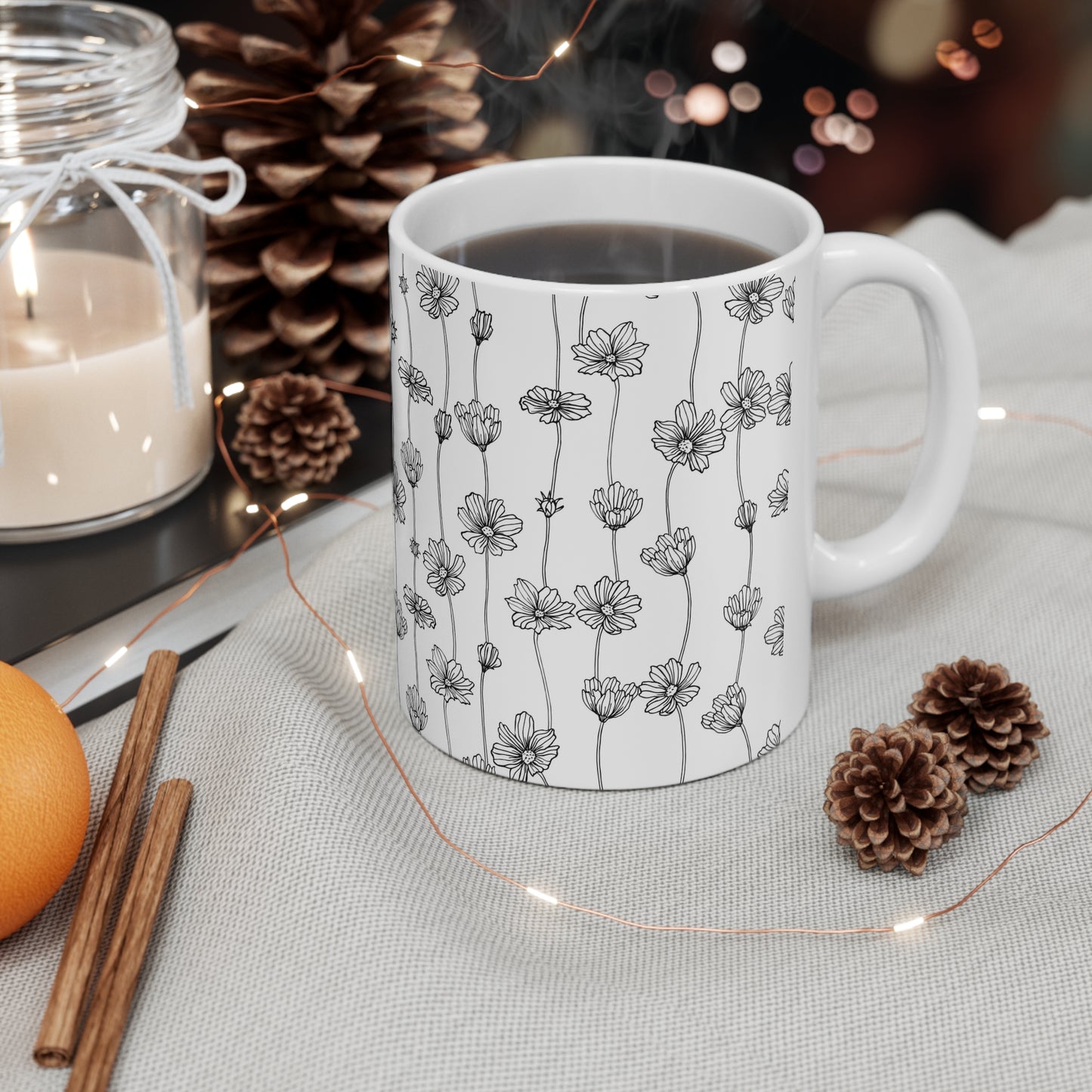 Black and White Blossoms Ceramic Mug 11oz