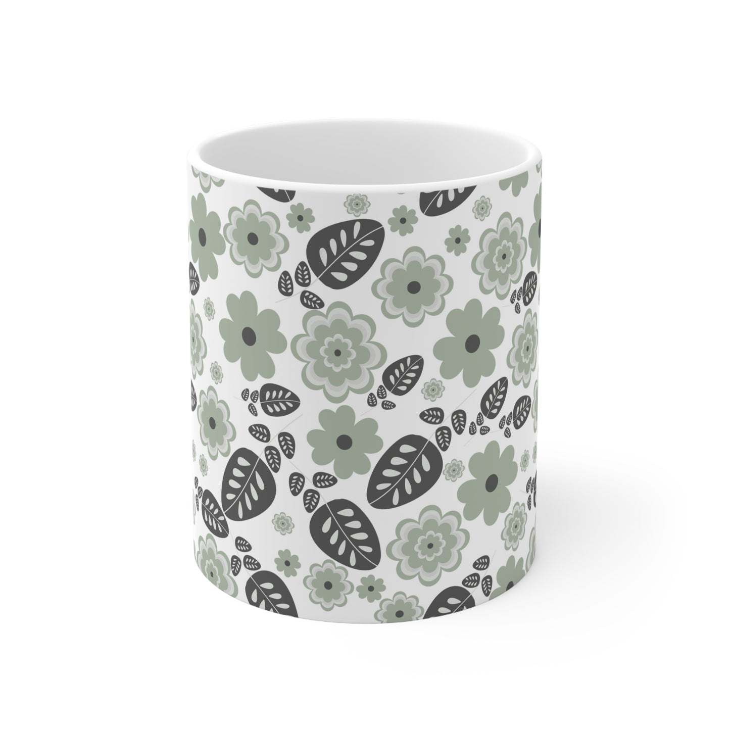 Vintage Green Blooms: White Ceramic Mug with Retro Light Green Flowers and Dark Green Leaves