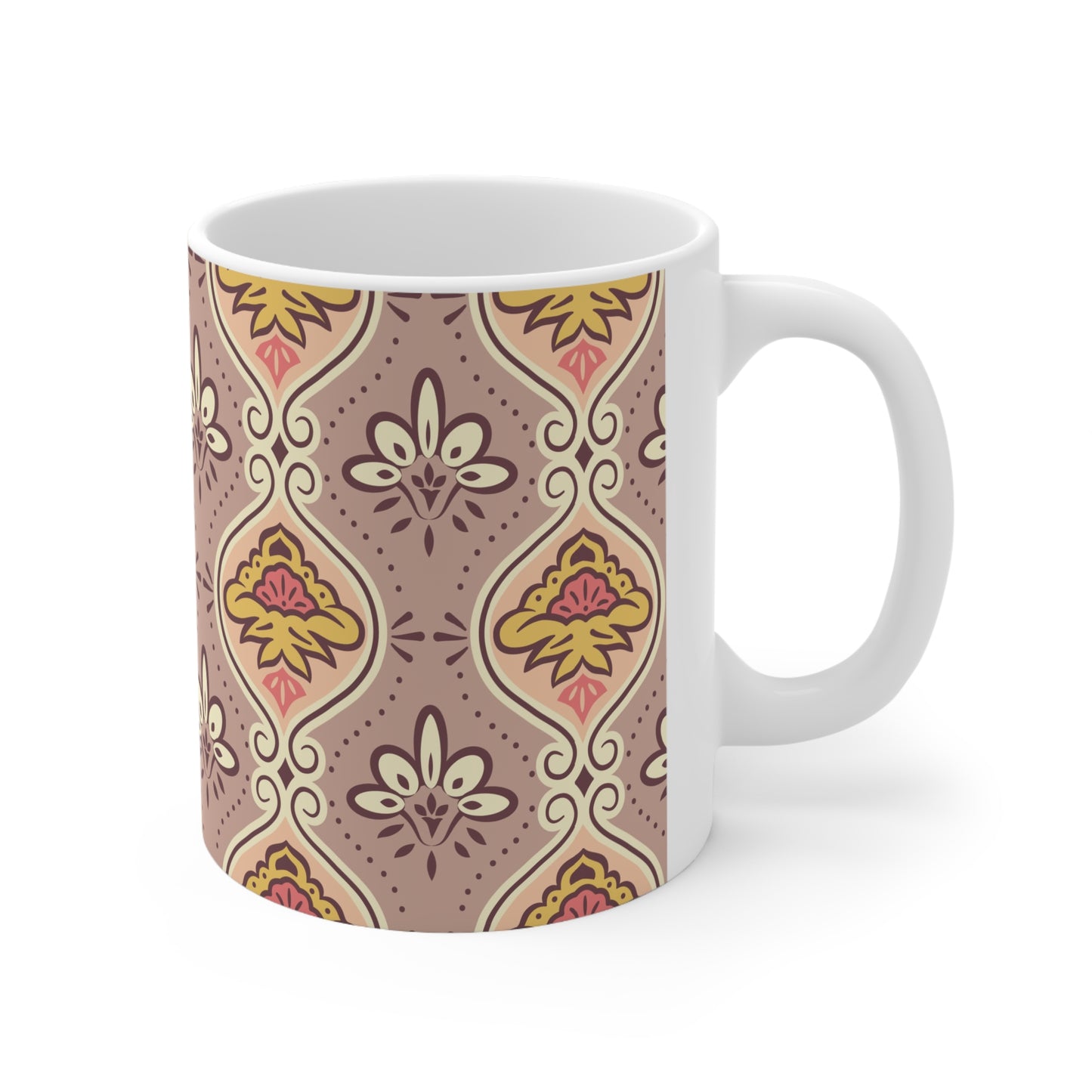 Pastel Harmony Bliss: Light Purple/Pink Ceramic Mug with Yellow and White, Pink Designs