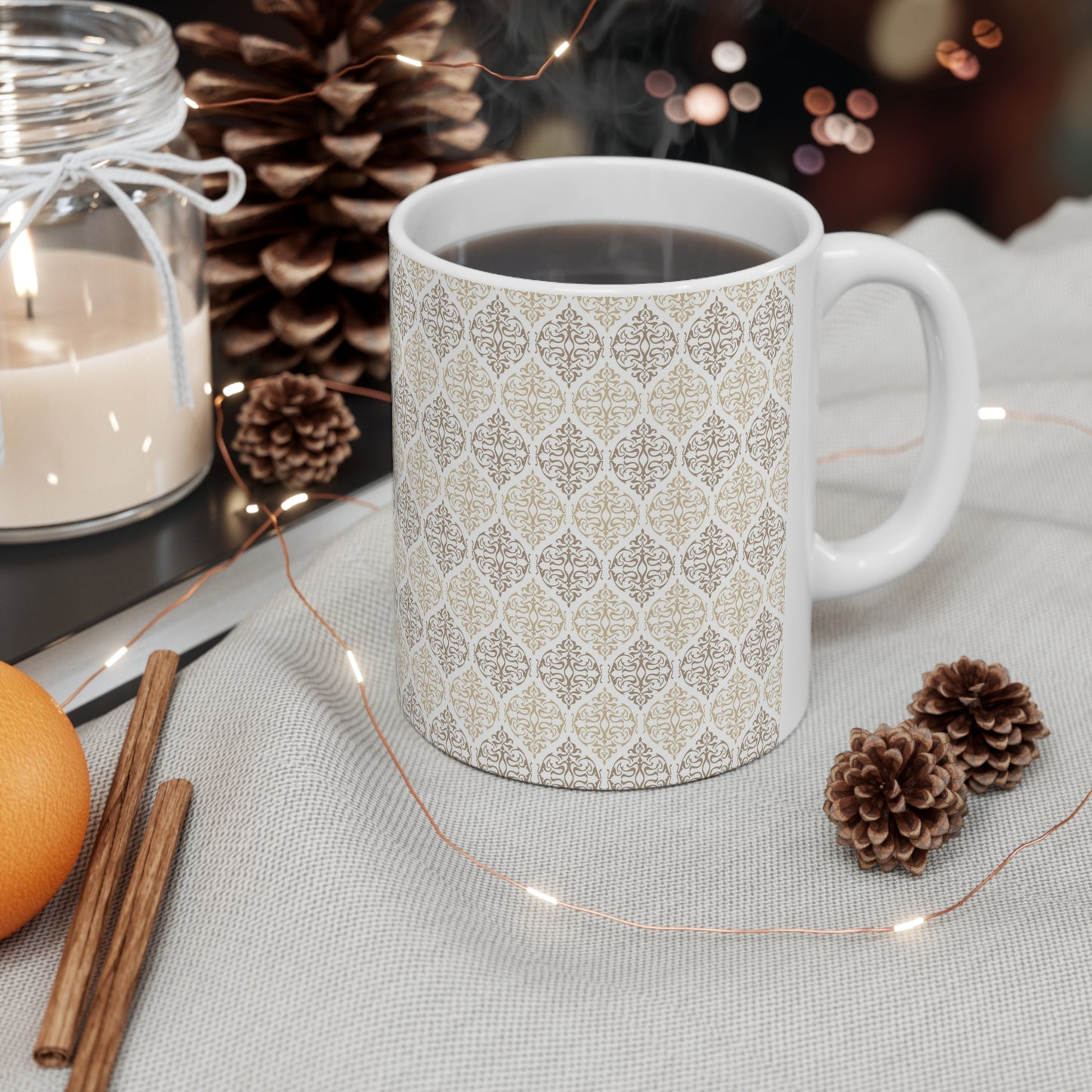 Timeless Elegance: White Ceramic Mug with Brown and Cream Repeated Pattern