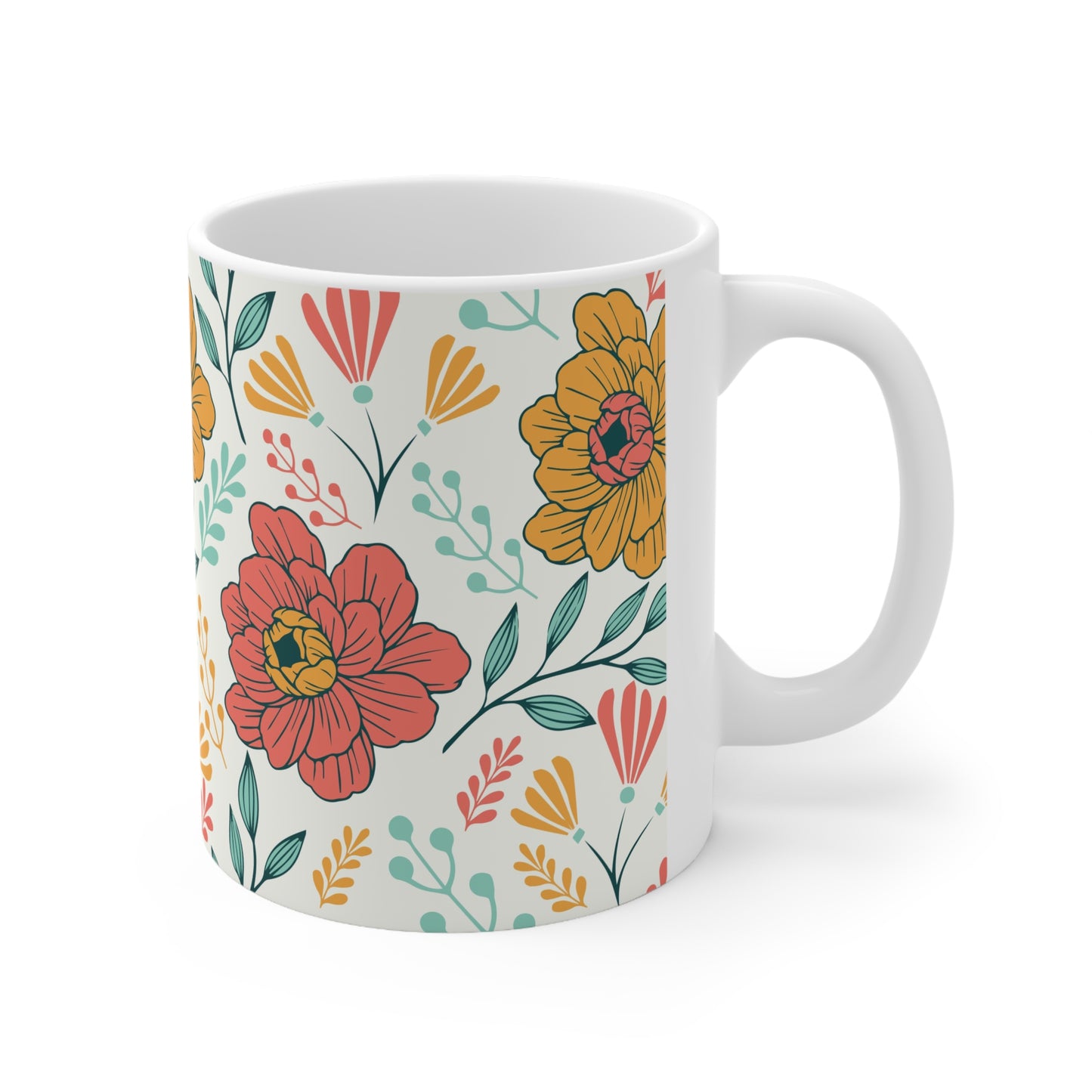 Blooms and Breezes Serenity: White Ceramic Mug with Orange, Coral Flowers, and Teal Leaves