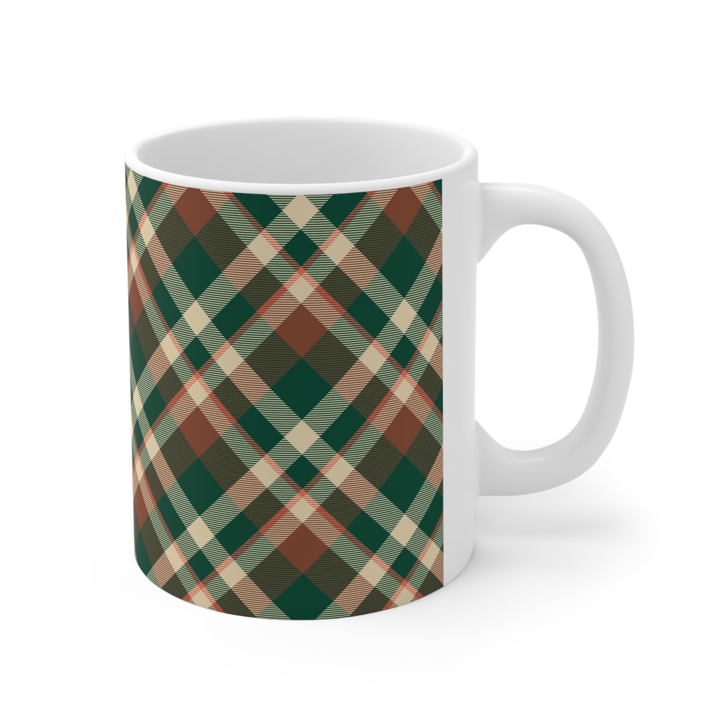 Plaid Elegance: Dark Green Mug with Cream and Reddish Brown Pattern