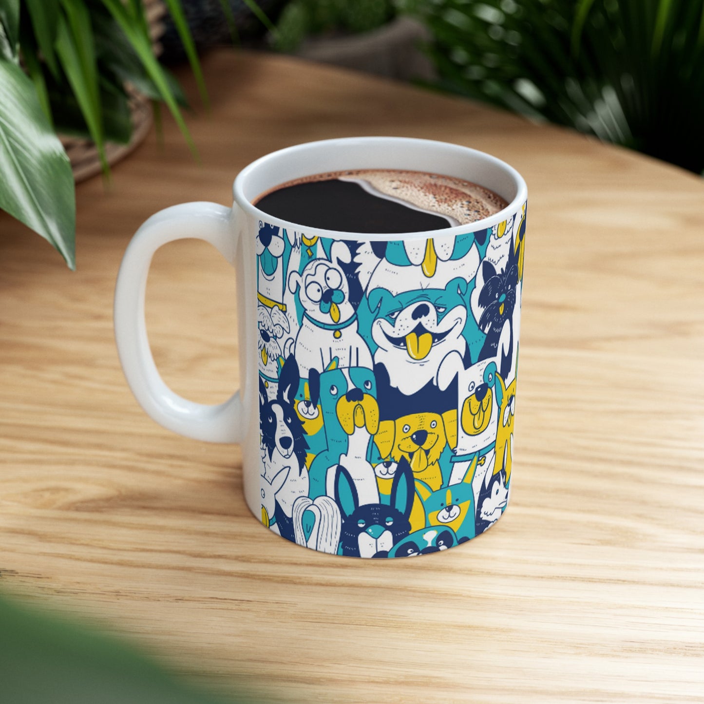 🐶 Pawsome Pals in Blue & Yellow Ceramic Mug 11oz - Cheerful Canine Companions