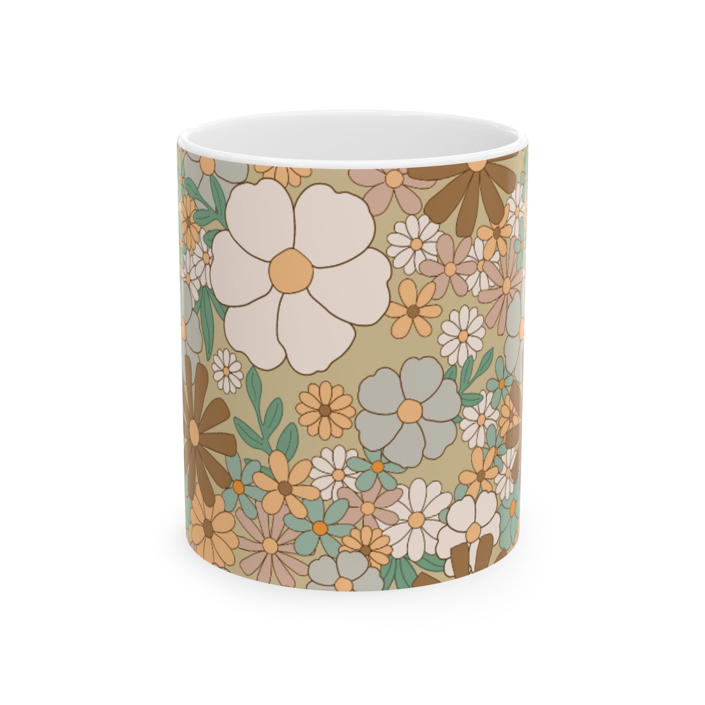 Retro Floral Ceramic Mug 11oz - Beige, Blue, Orange, White, Pink Flowers