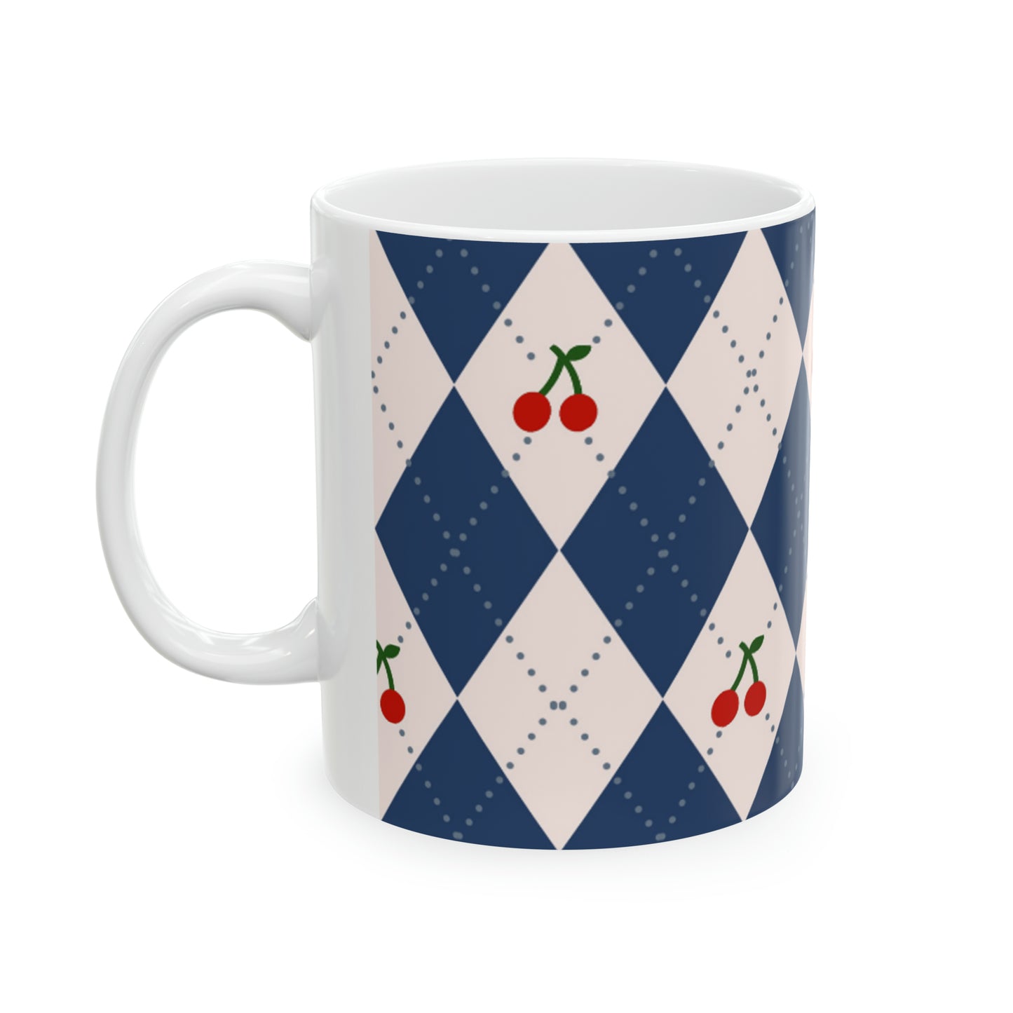 🍒 Cherry Plaid Diamond Ceramic Mug 11oz - Vintage Charm for Your Cup