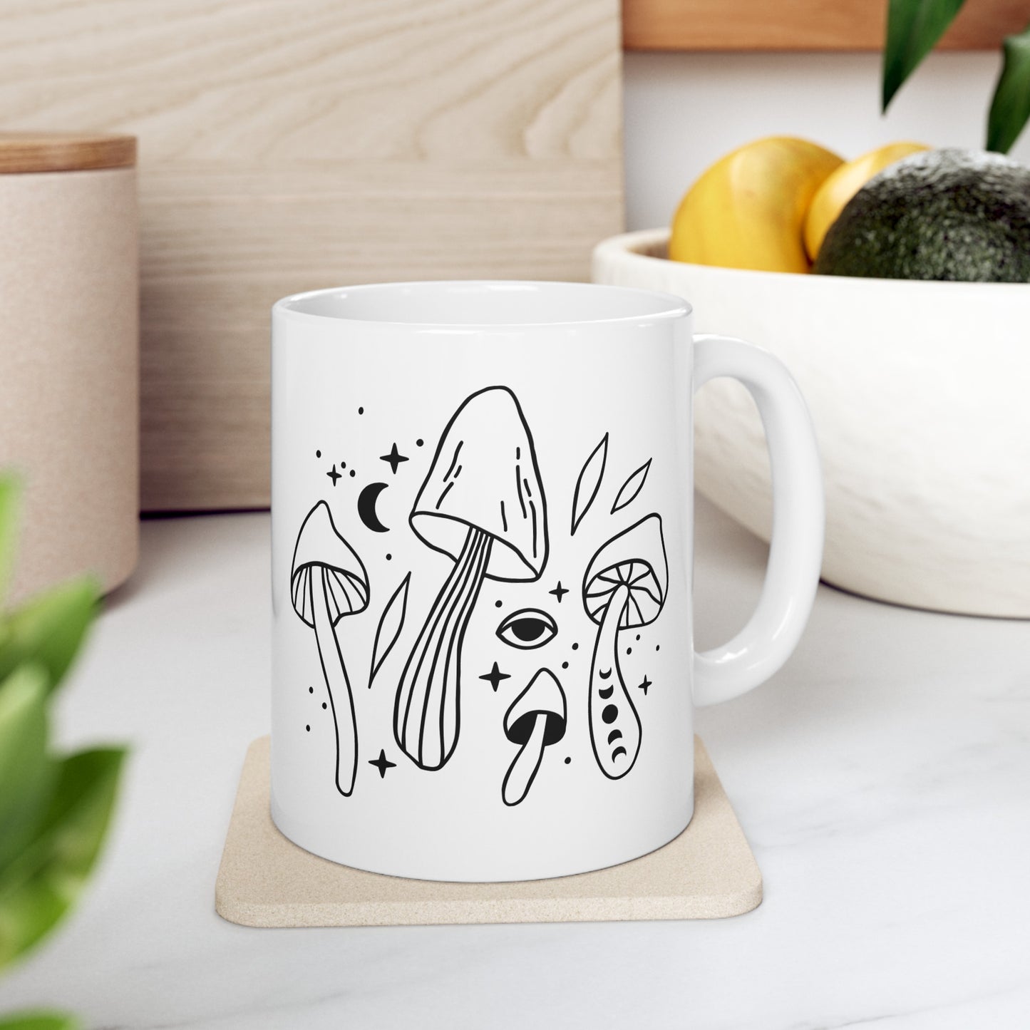 Celestial Monochromatic Mushrooms Ceramic Mug 11oz - Black and White Design