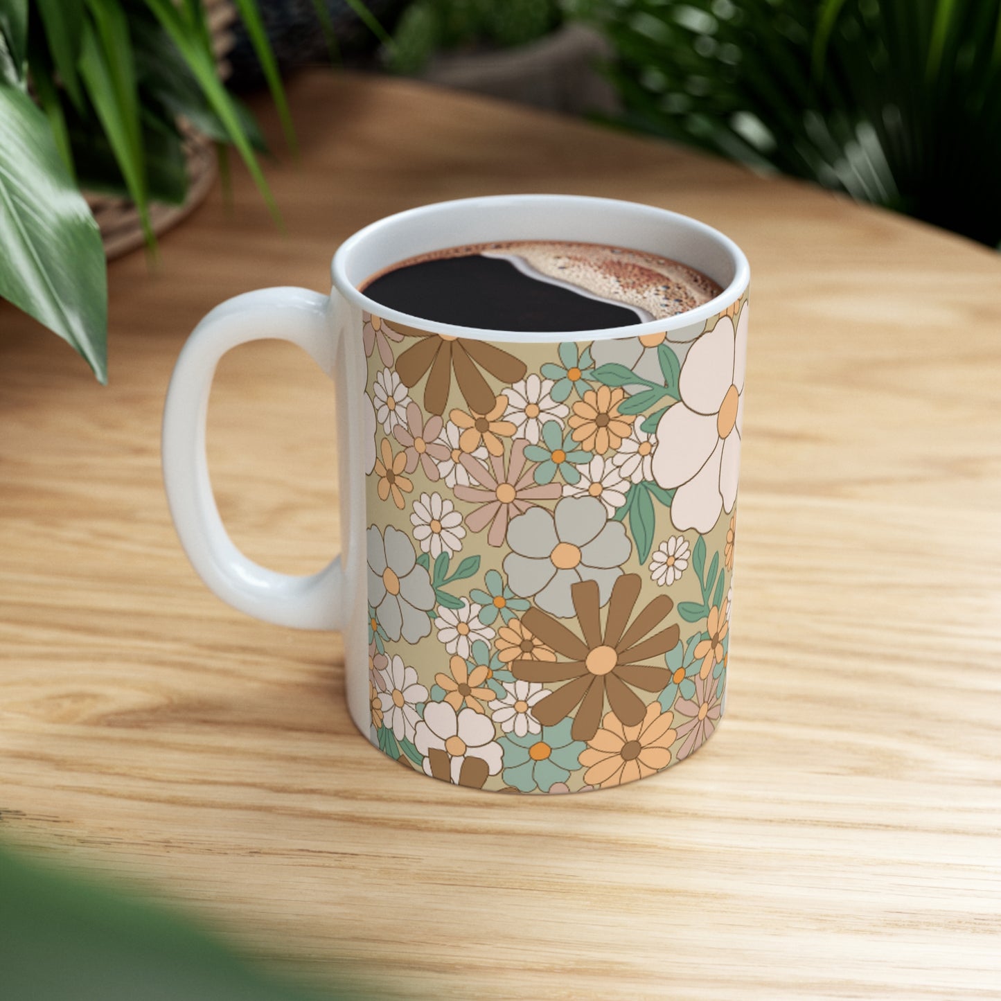 Retro Floral Ceramic Mug 11oz - Beige, Blue, Orange, White, Pink Flowers