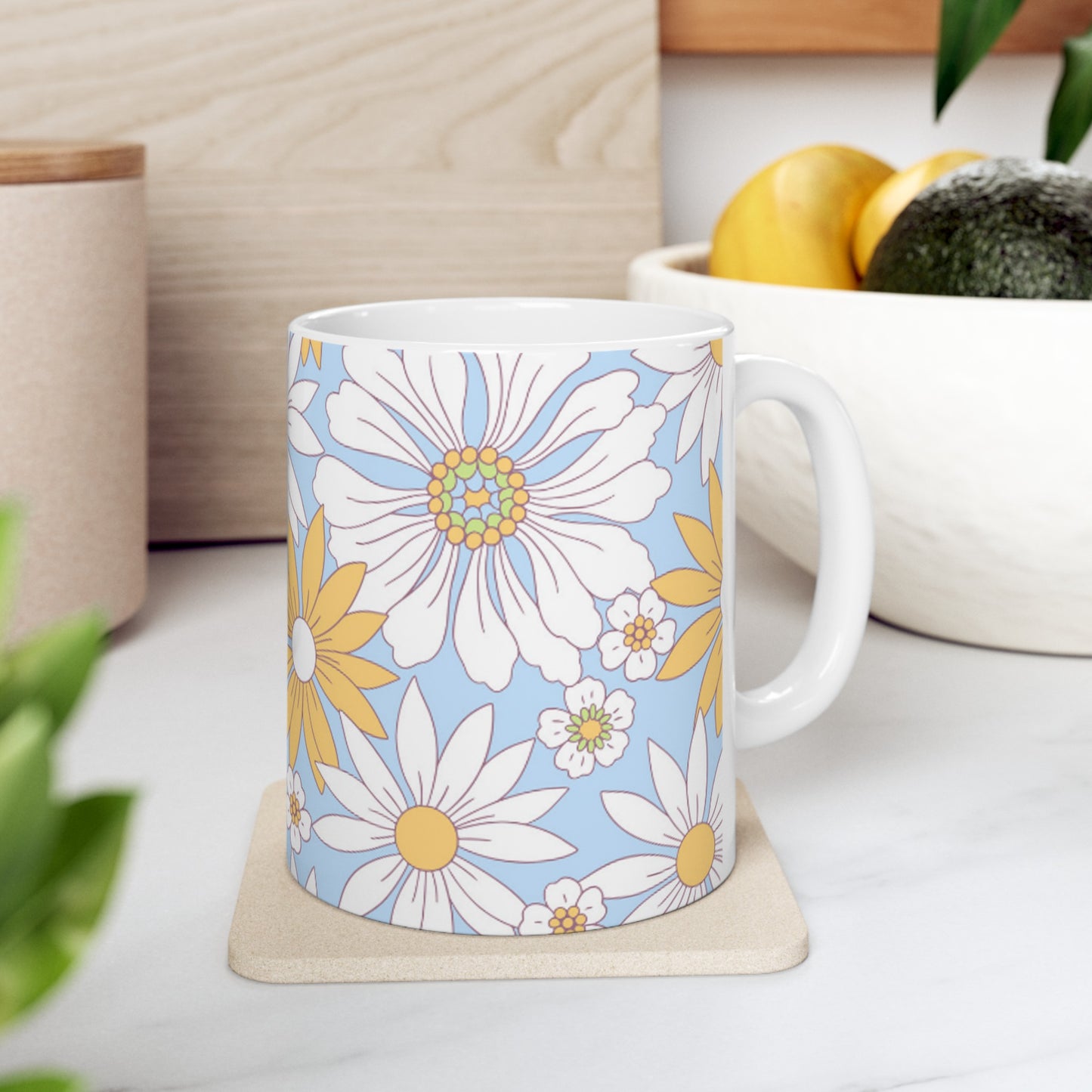 🌼 Vintage Daisy Delight Ceramic Mug 11oz - Light Blue Background