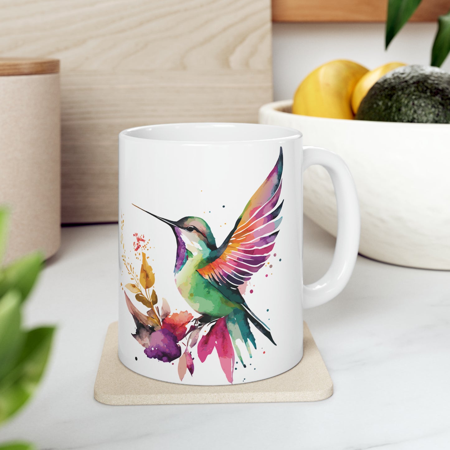 Colorful Hummingbird and Flower Ceramic Mug 11 oz - Perfect for Nature Lovers