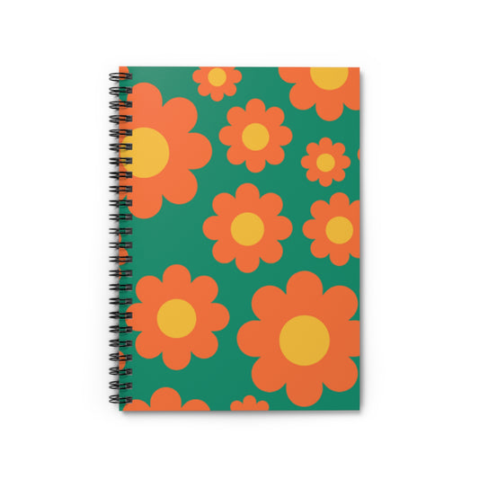 Retro Floral Green Spiral Notebook-Ruled Line - Vibrant Orange Groovy Blooms