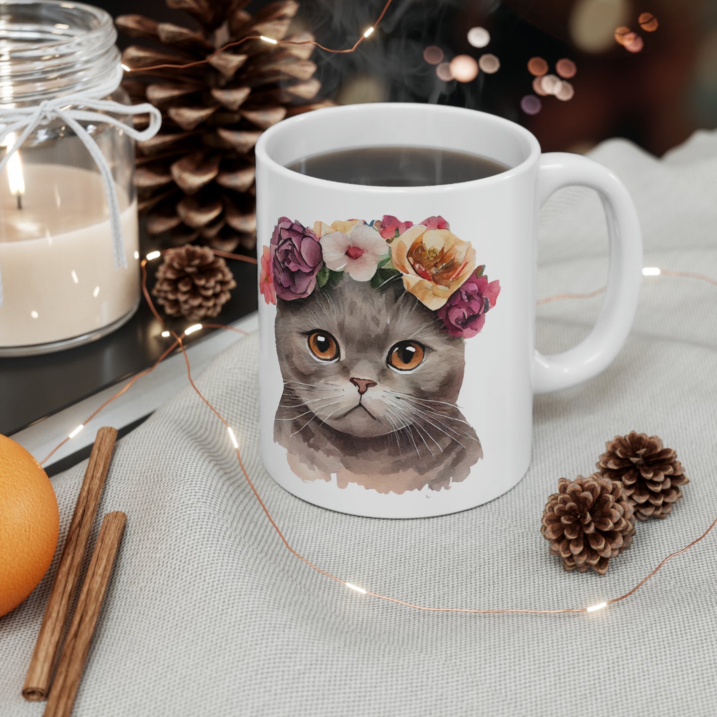 Flower Crown Grey and Brown Cat Ceramic Mug 11 oz - Perfect Gift for Cat Lovers