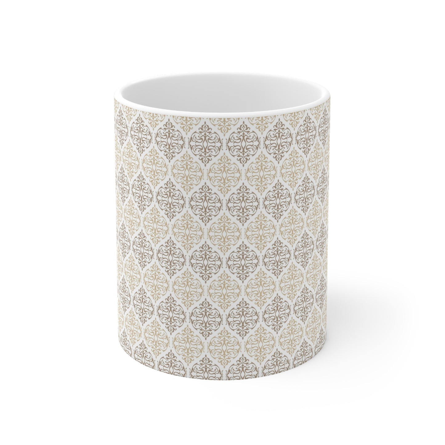 Timeless Elegance: White Ceramic Mug with Brown and Cream Repeated Pattern