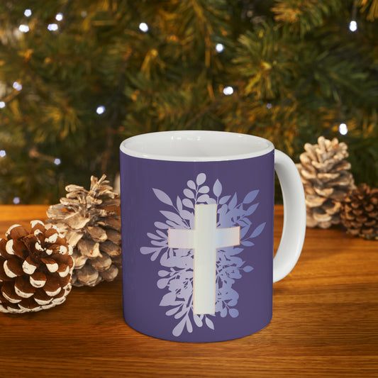 Easter Iridescent Cross Christian Ceramic Mug 11 oz - Purple Background