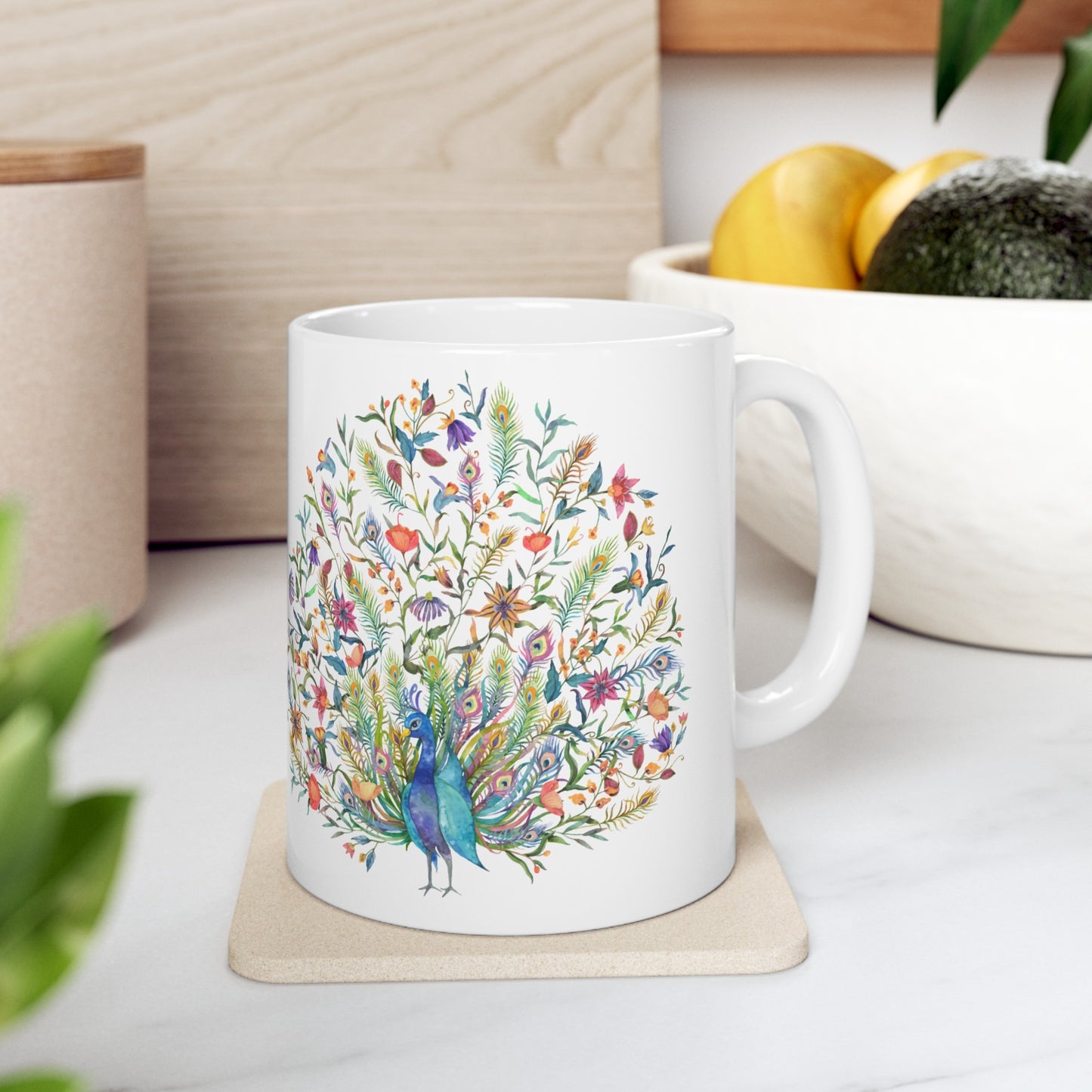 🦚 "Floral Peacock Dreams" Ceramic Mug 11 oz - Colorful Peacock Coffee Mug