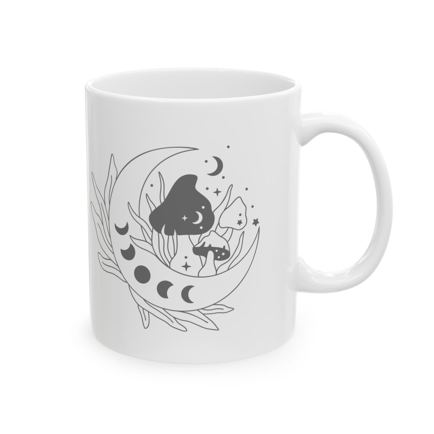 Celestial Moonlight Mushroom Ceramic Mug 11 oz - Dark Grey Sketch Design