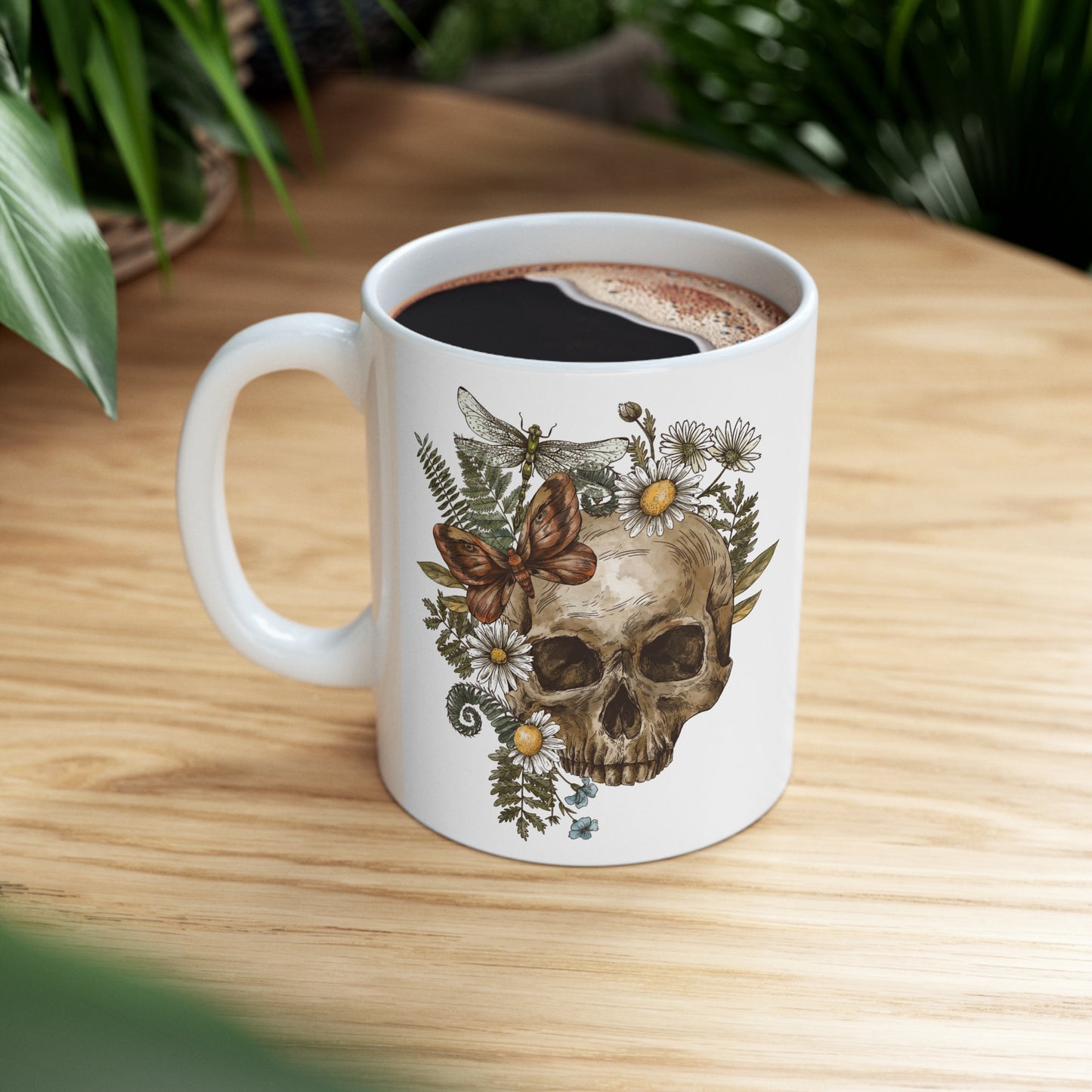 Enchanting Ceramic Mug 11oz with Butterfly, Dragonfly, and Floral Skull Design